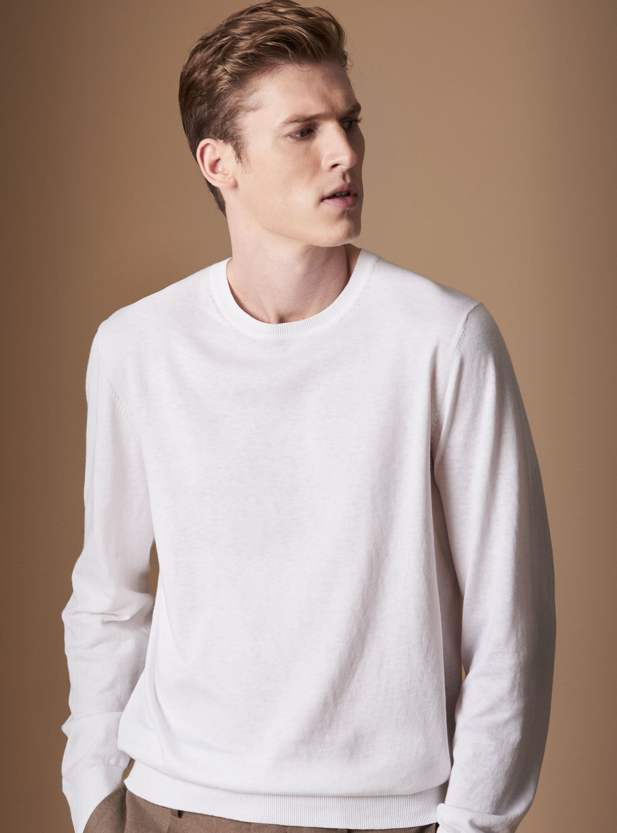Cotton silk and cashmere round neck basic jersey, WHITE