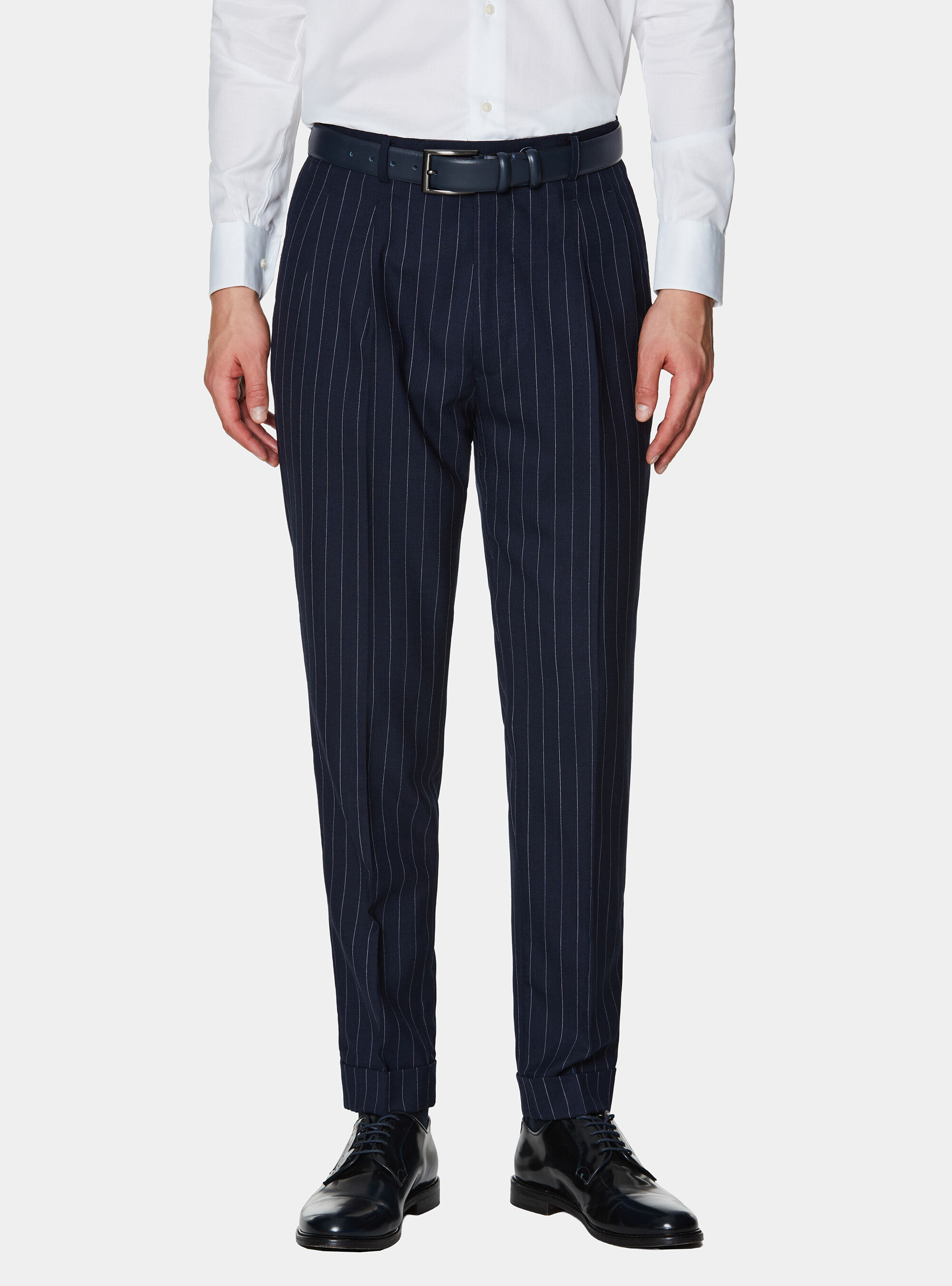Double-breasted pinstriped wool suit trousers