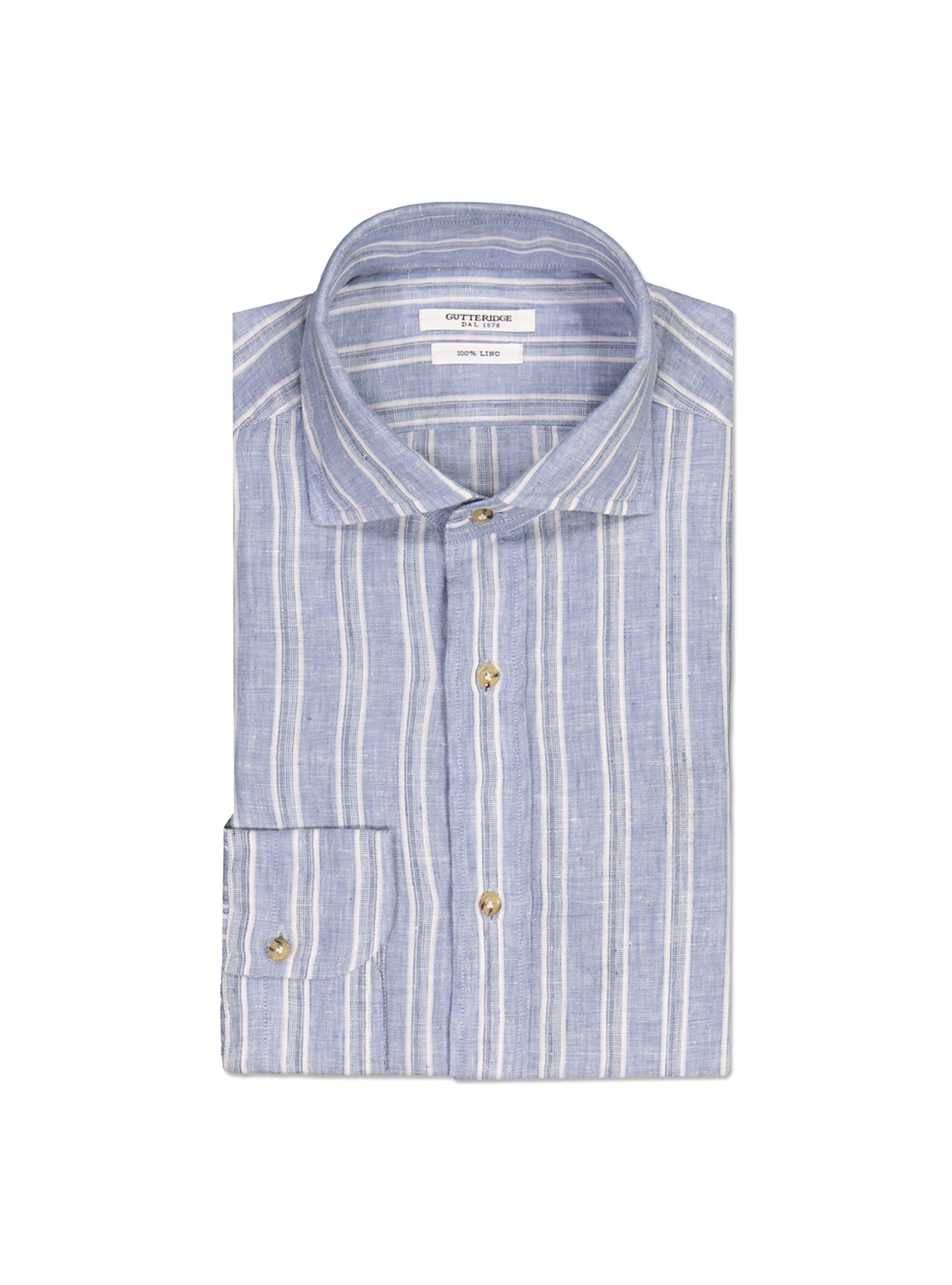 Camicia collo francese semi aperto in lino rigato