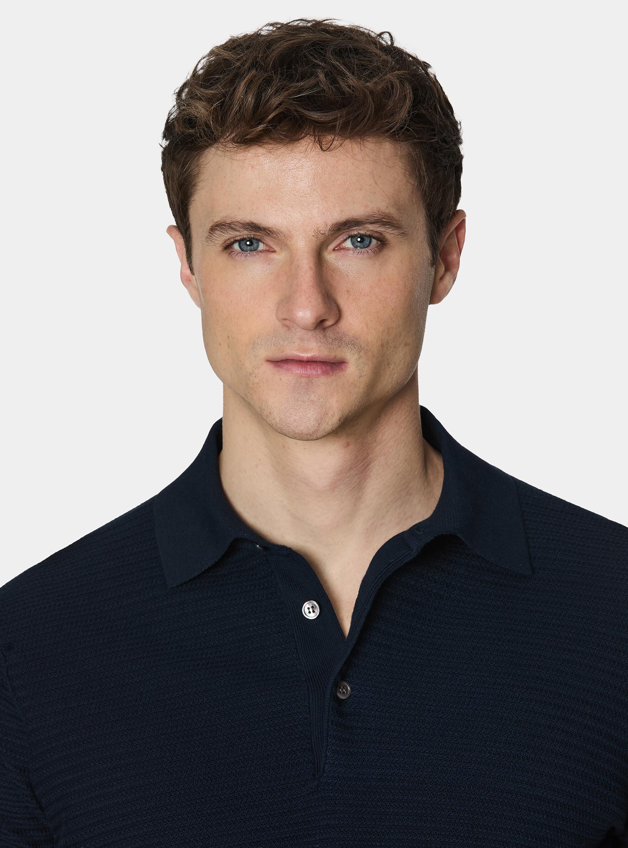Textured cotton knit polo shirt, NAVY BLUE