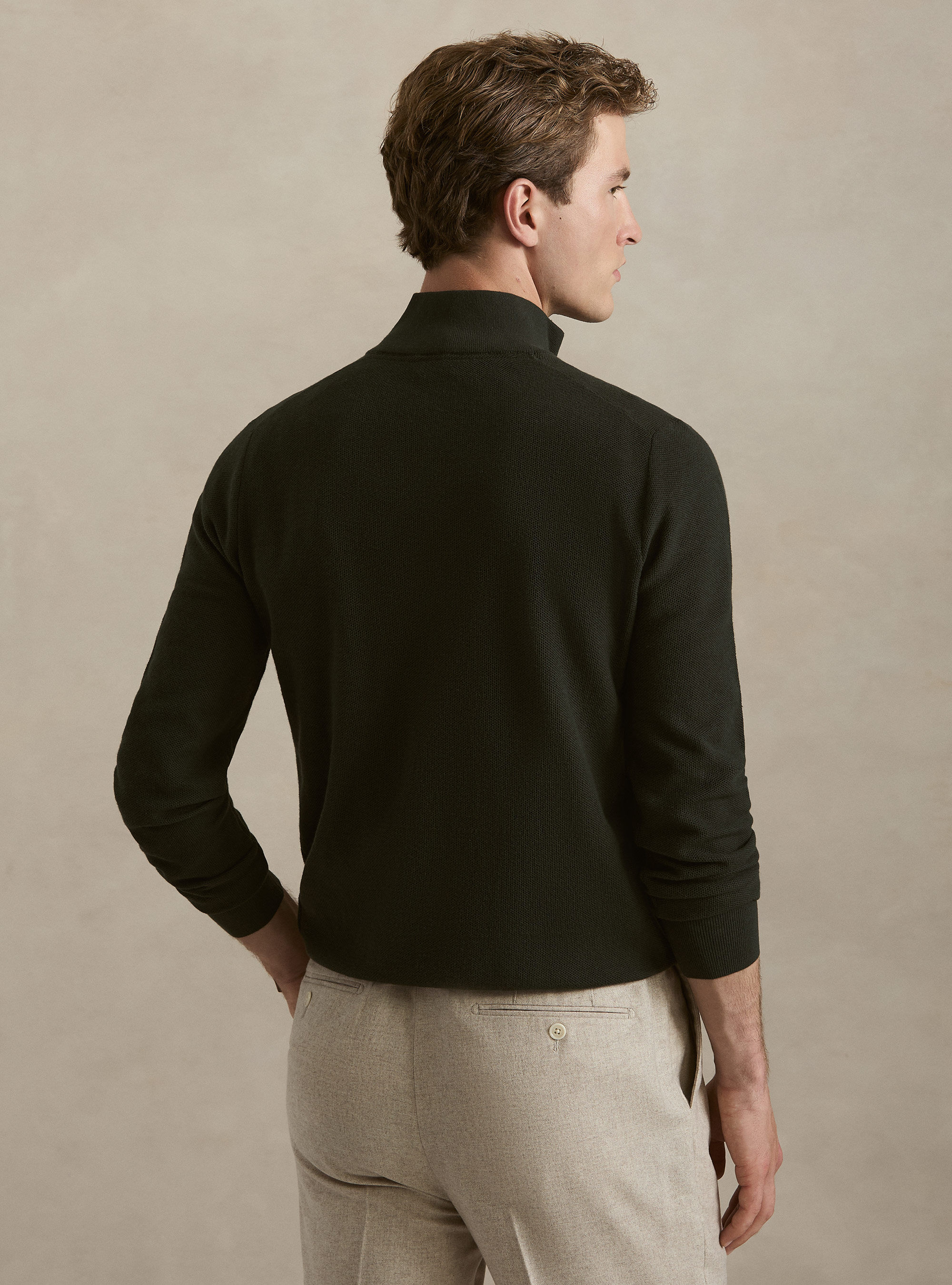 Maglia con mezza zip nido d'ape in cotone cashmere, MILITARE 0609C