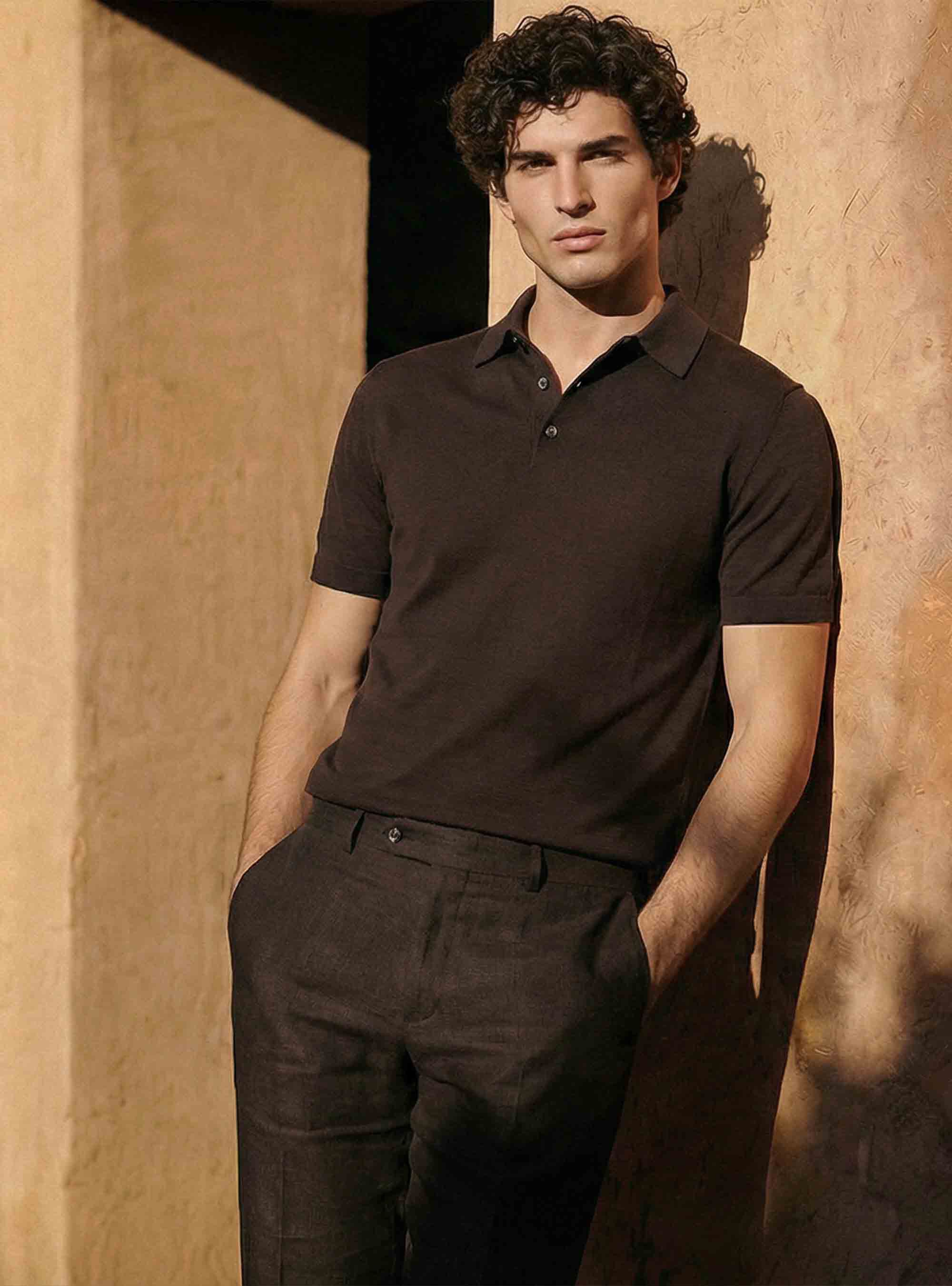 Cotton and silk polo shirt, BROWN
