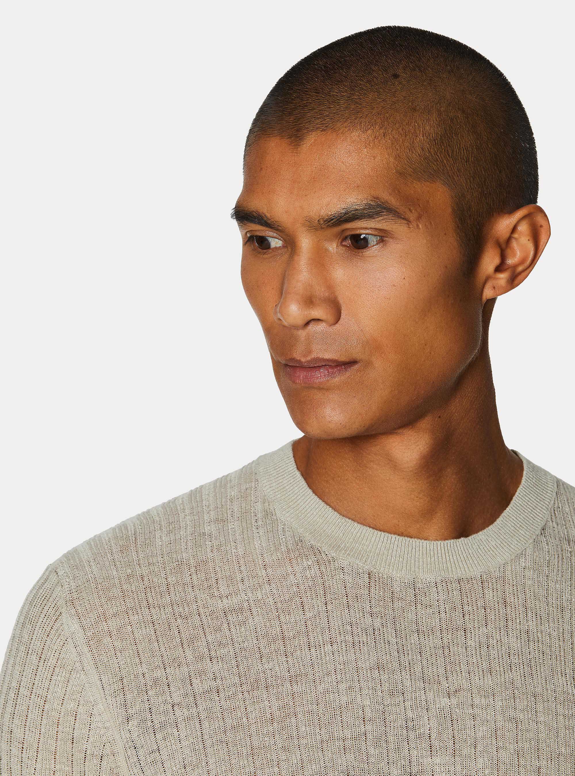 Maglia girocollo a costine in puro lino, SABBIA