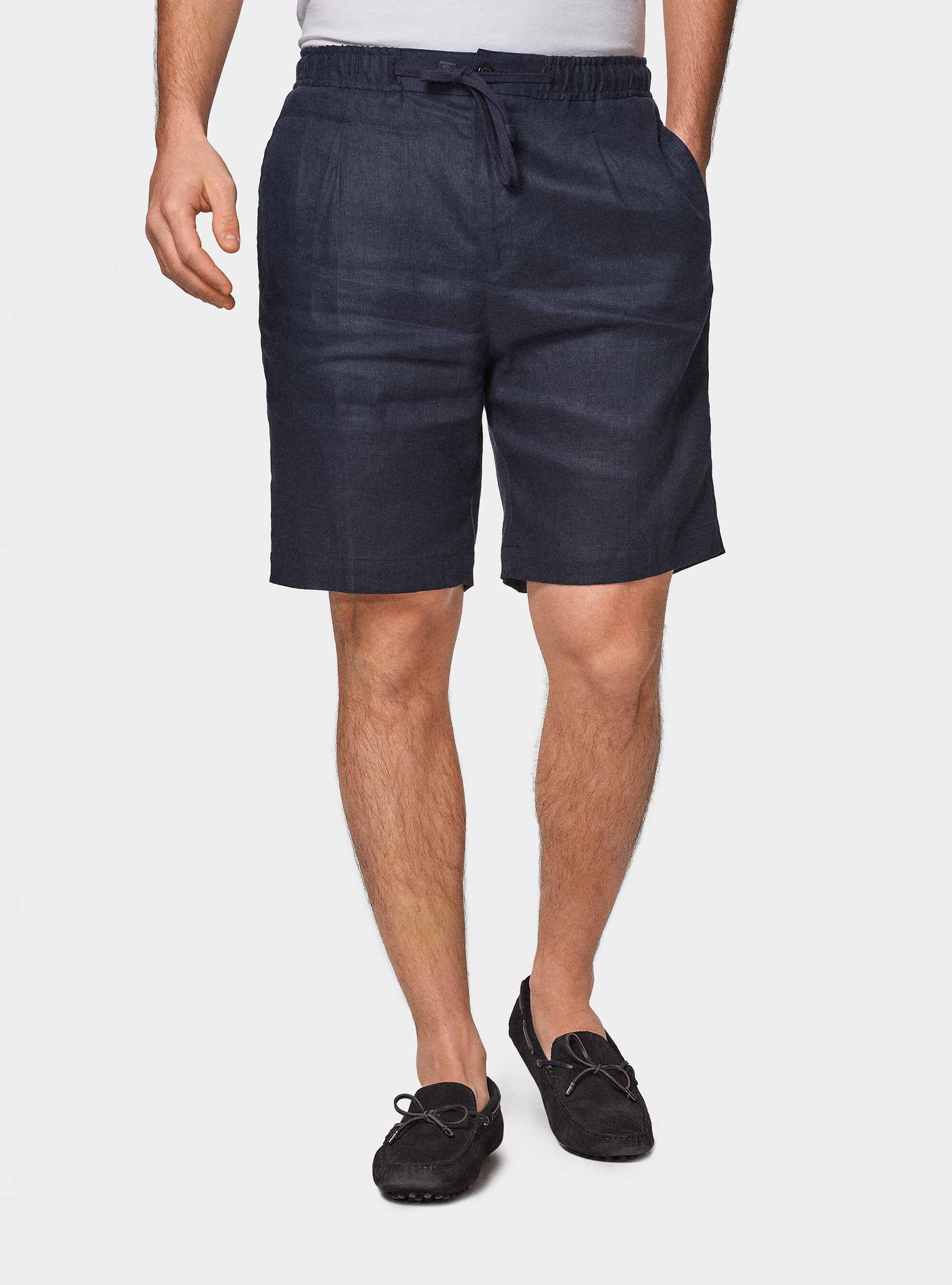 Bermuda in puro lino con elastico, BLU NAVY