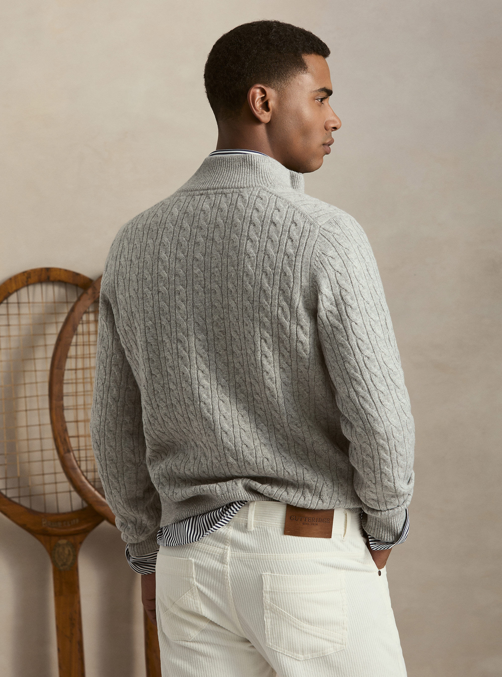 Cable-knit wool and cashmere mock neck sweater, LIGHT GREY MELANGE