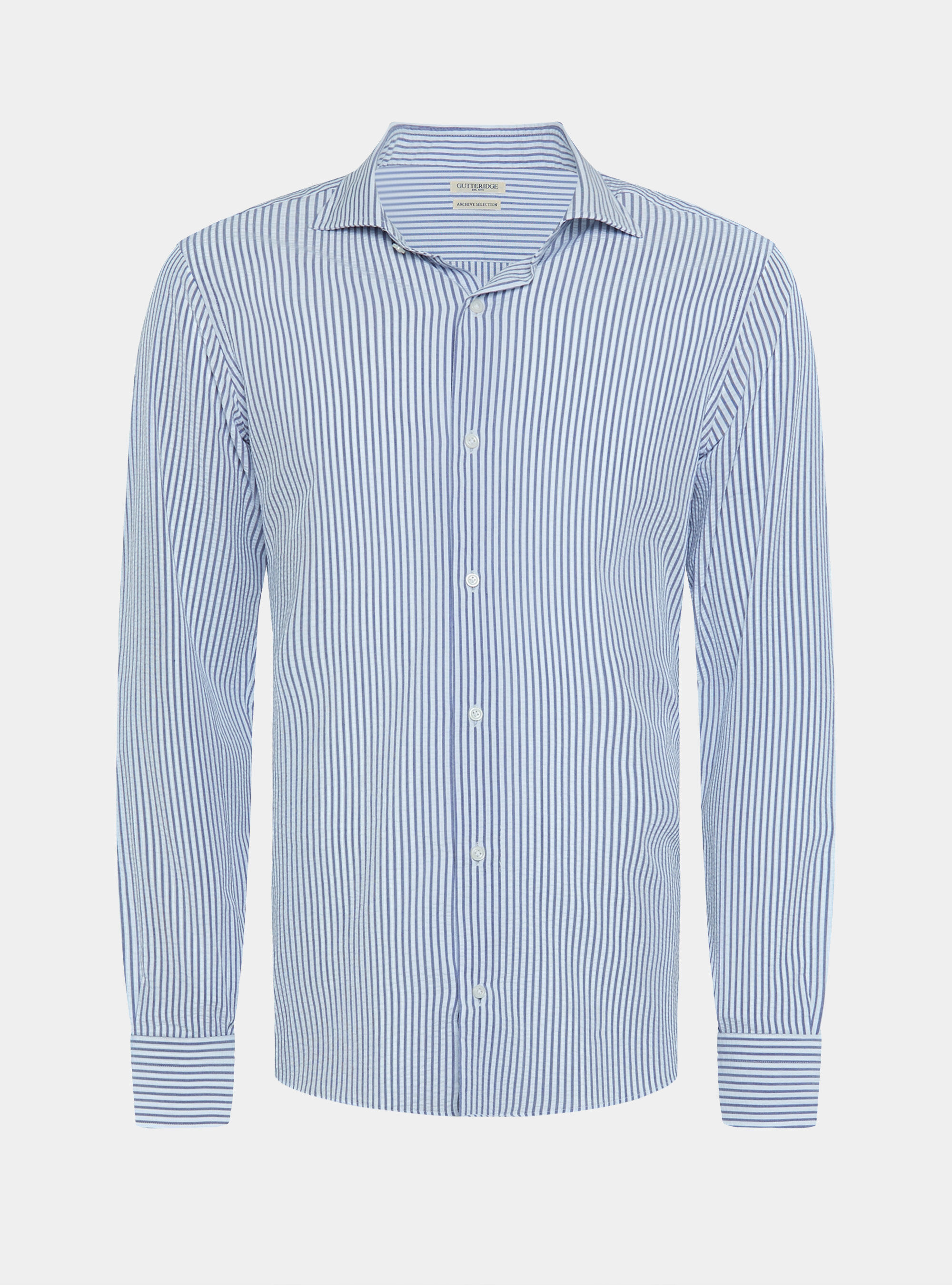 Camicia rigata in misto cotone seersucker, BLU