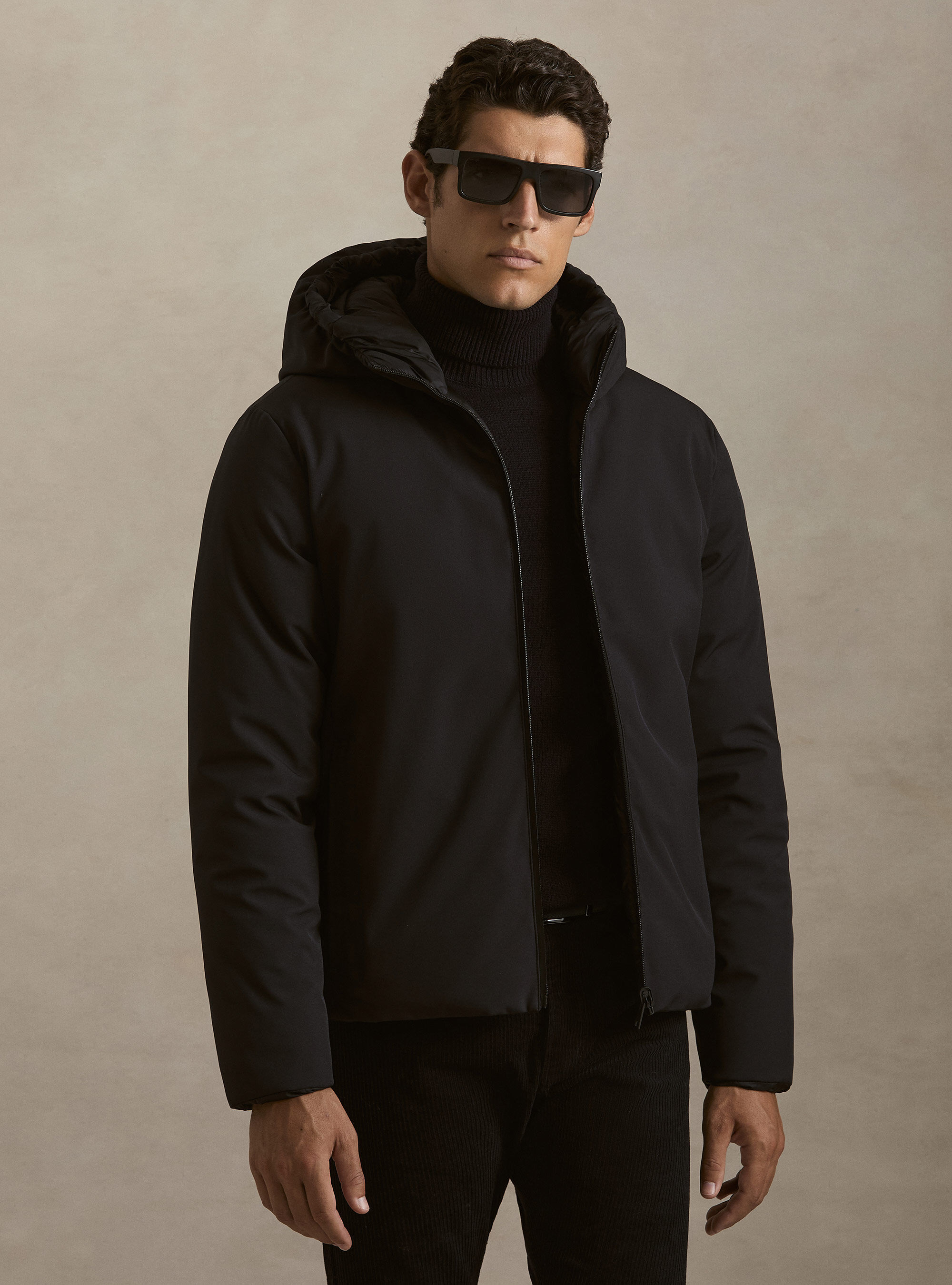 Reversible hooded bomber jacket
