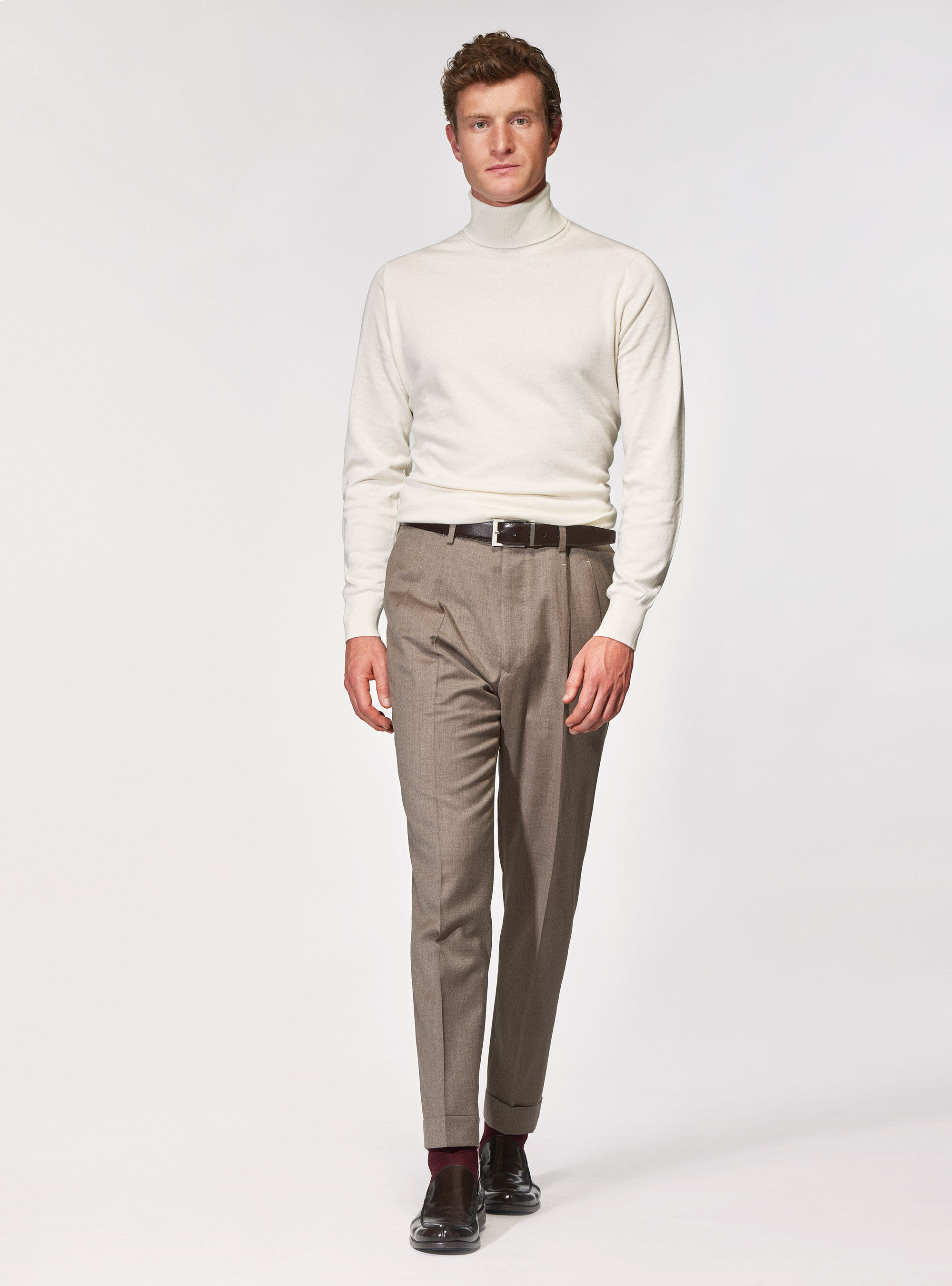 Double pleat trousers in pure 120's superfine wool, SAND