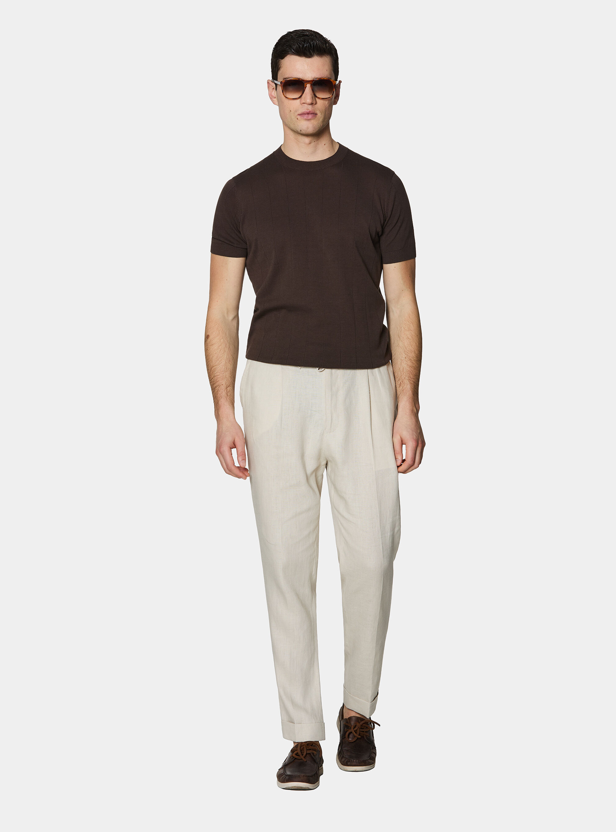 Maglia in puro cotone costa piatta, MARRONE