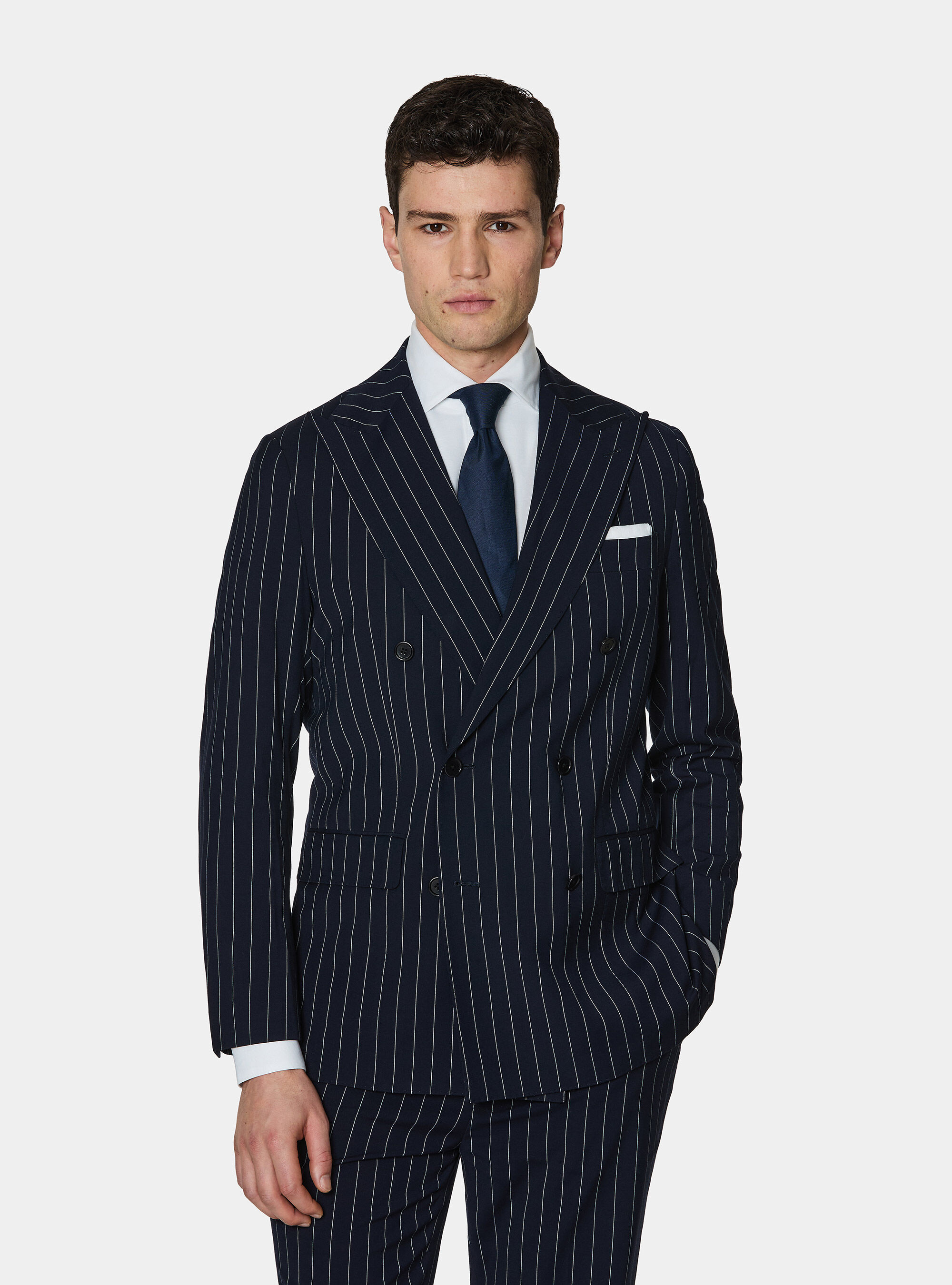 Double-breasted pinstriped suit blazer, NAVY BLUE