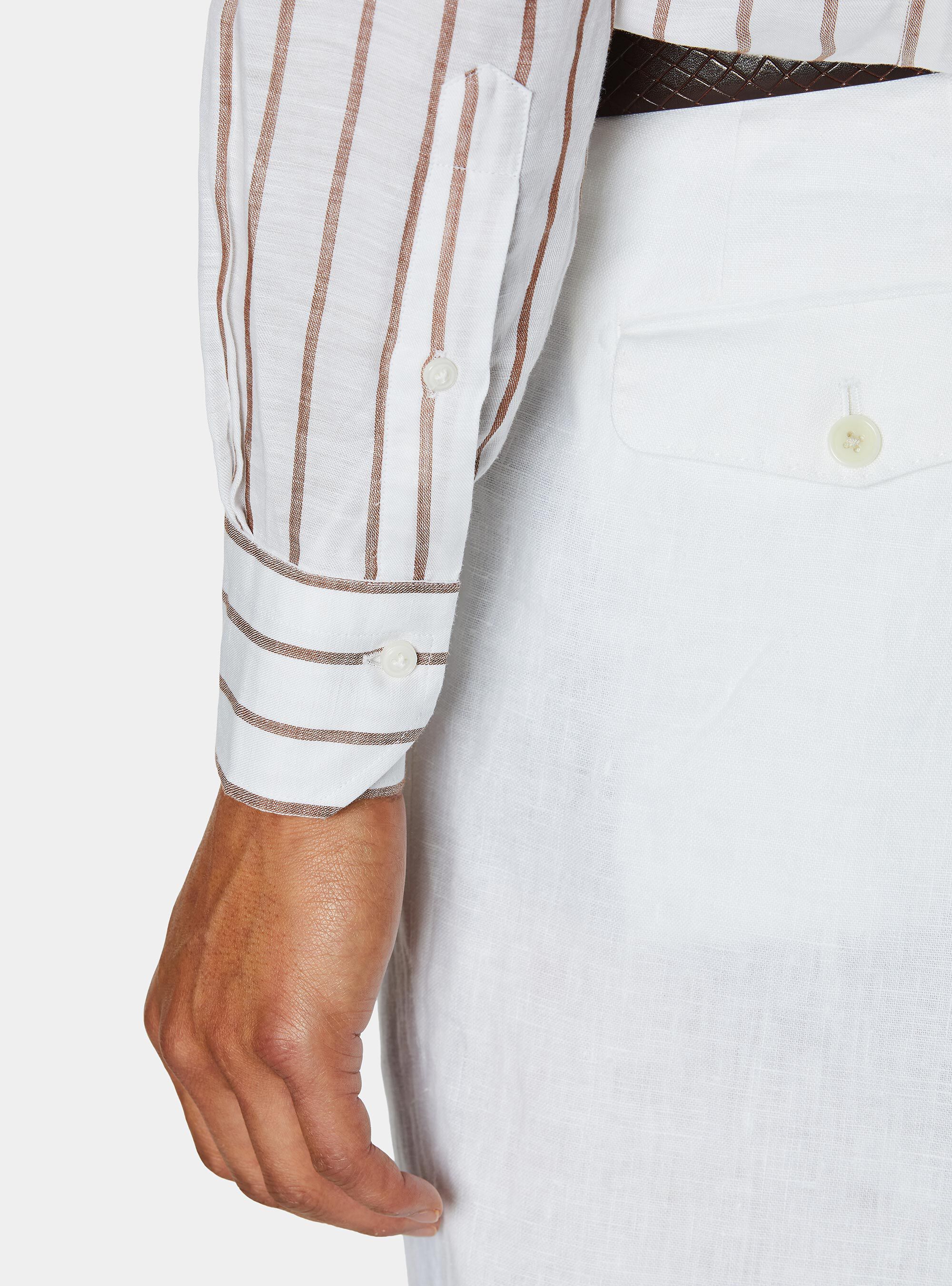 Camisa de rayas en mezcla de lino, MARRON