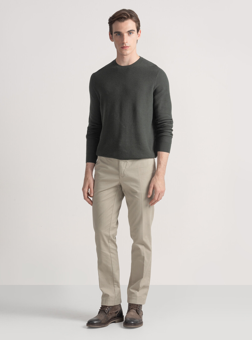 Maglia girocollo nido d'ape in cotone cashmere, MILITARE 0609C Maglia girocollo nido d'ape in cotone cashmere