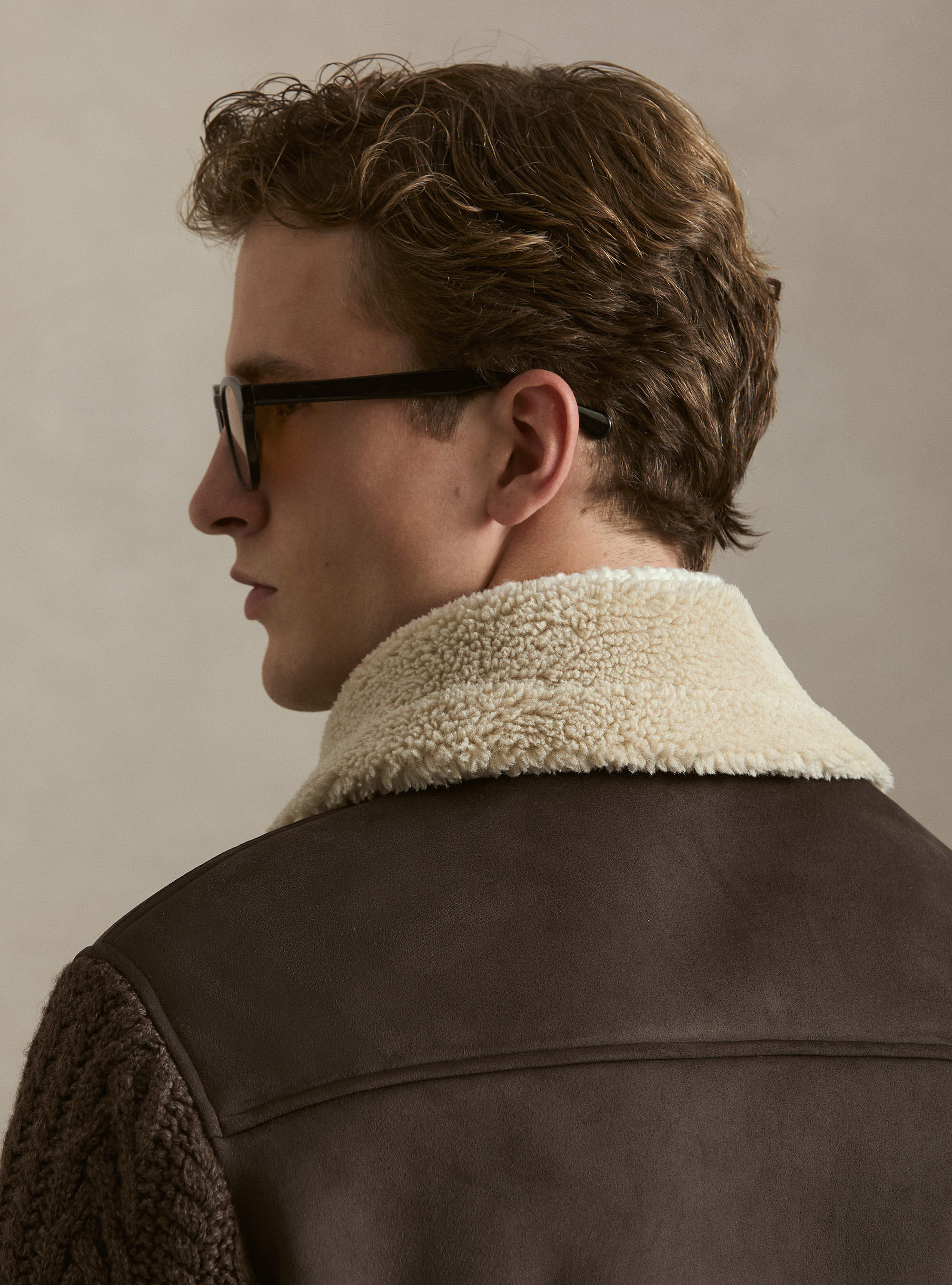 Suede-effect shearling with knit sleeves, BROWN