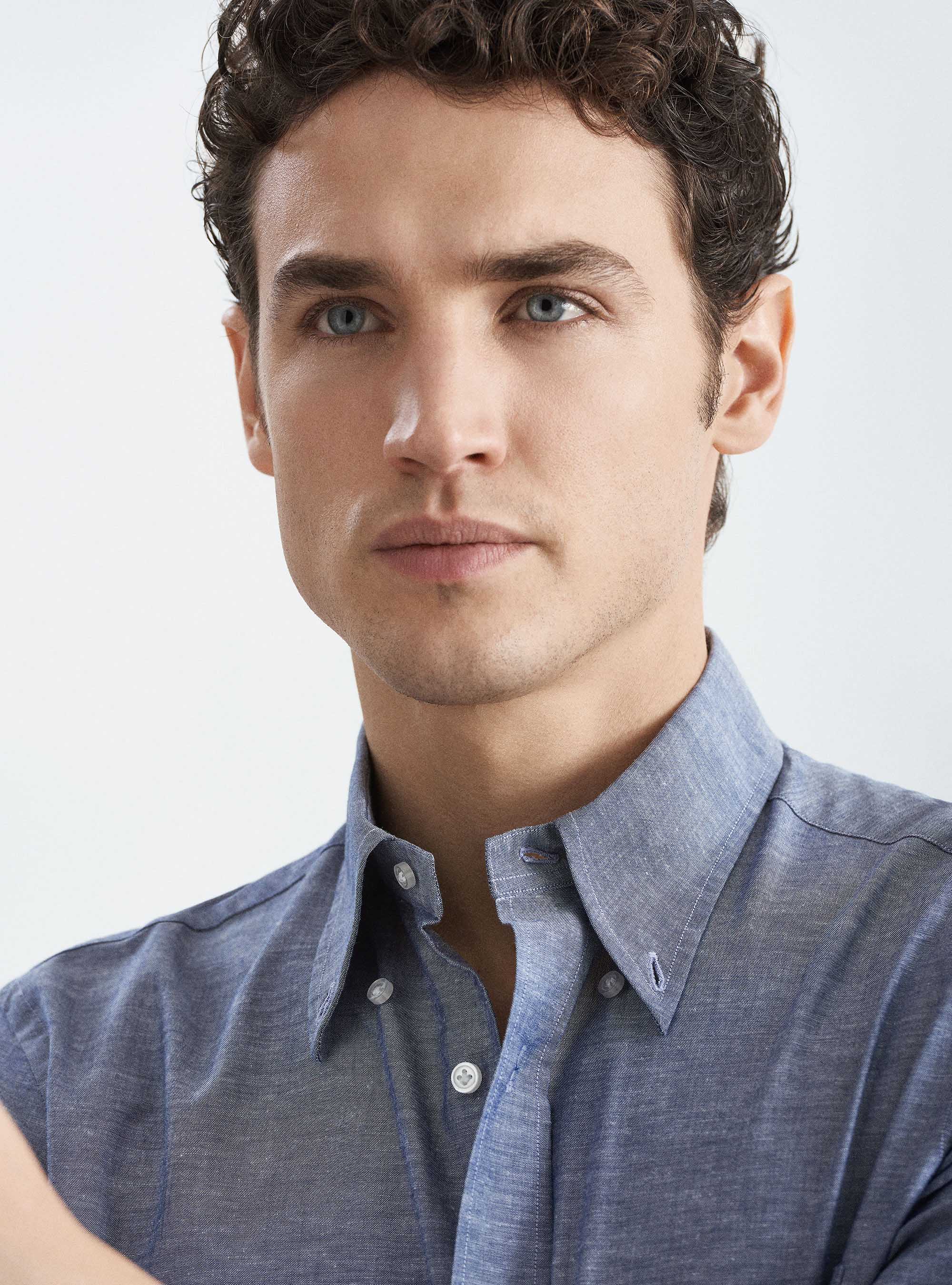 Camicia comfort collo button down in cotone e lino, BLU NAVY