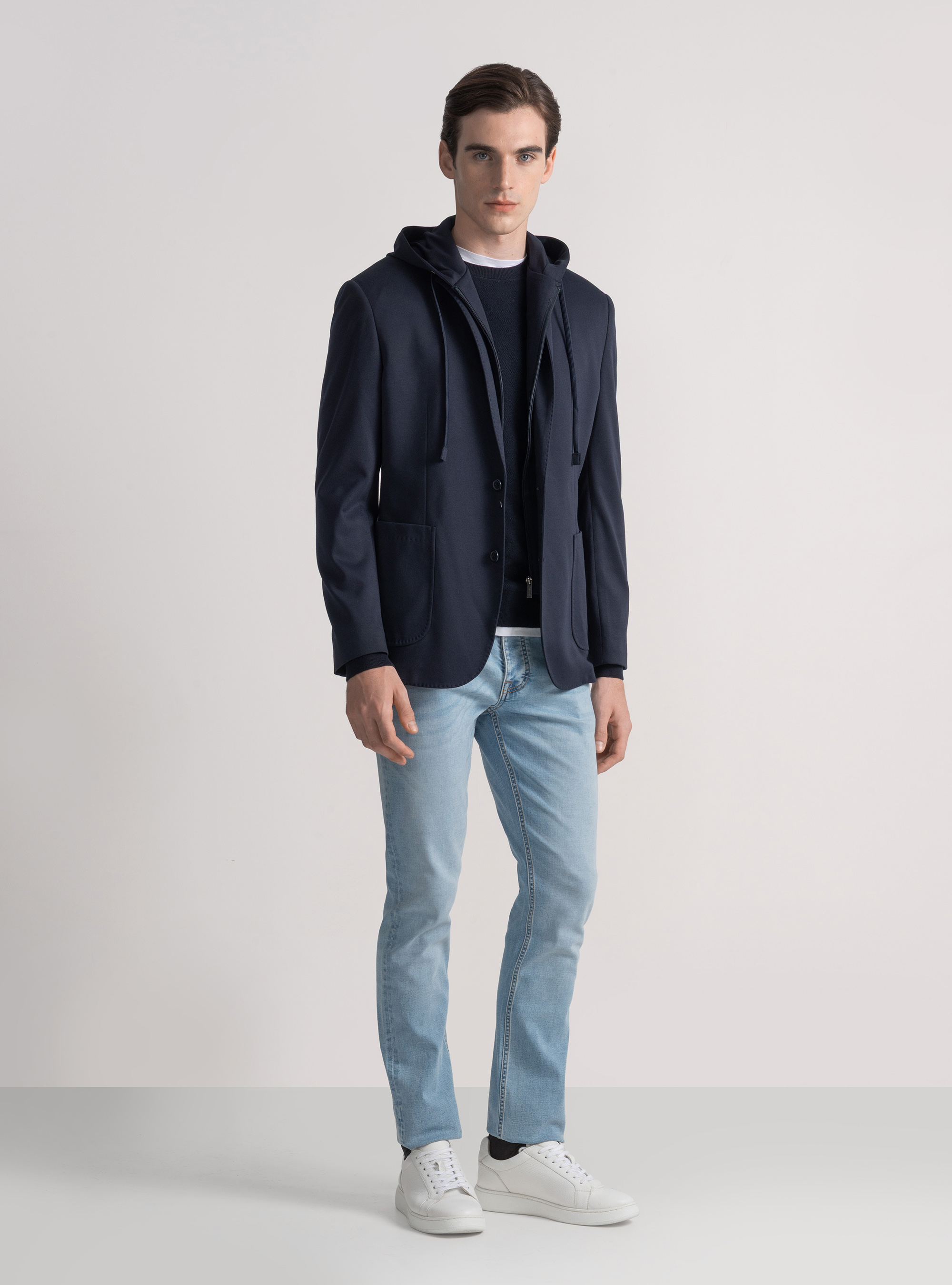 Giacca jersey con cappuccio removibile, BLU NAVY