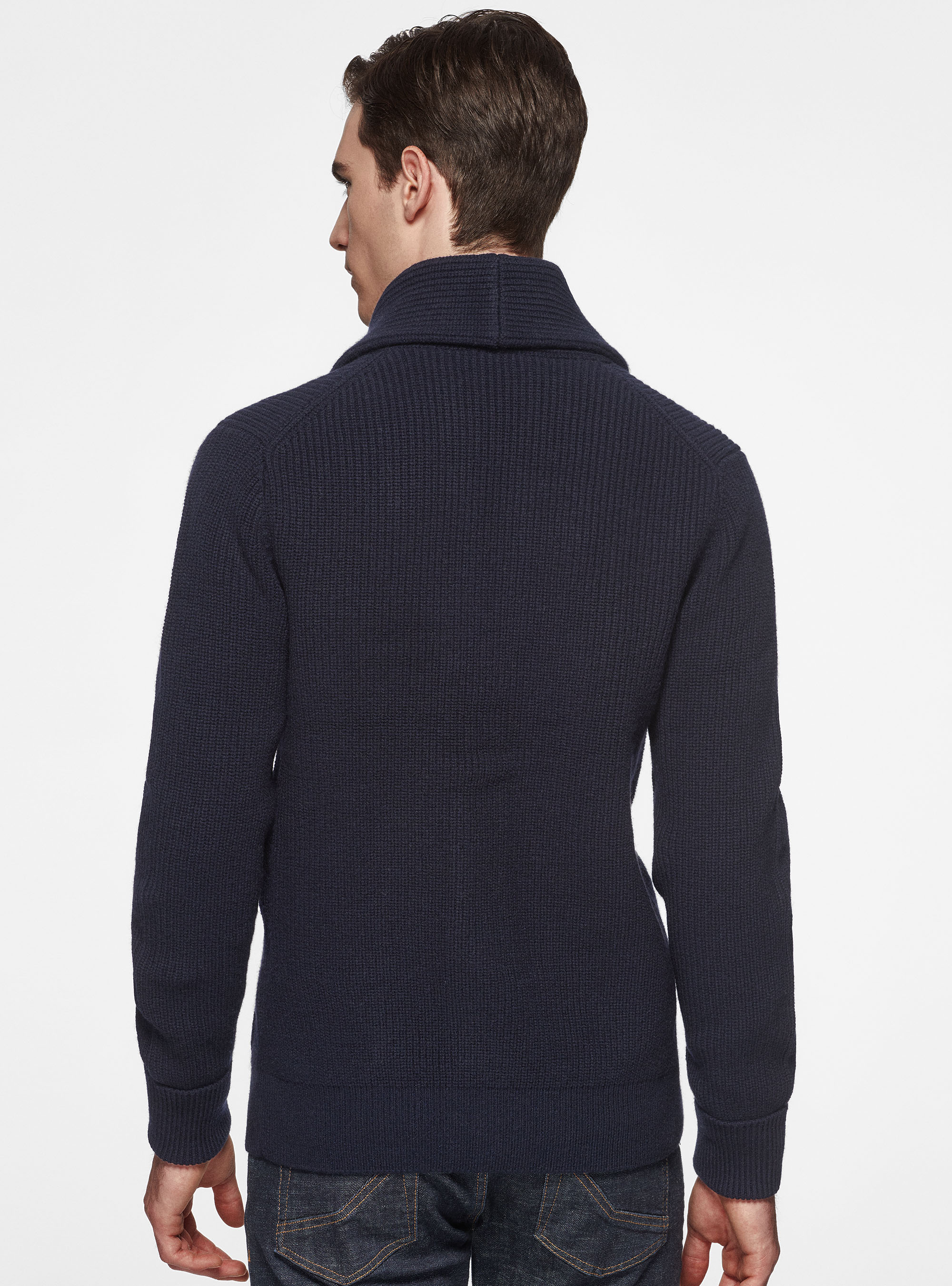 Pure merino wool shawl knit cardigan, NAVY BLUE