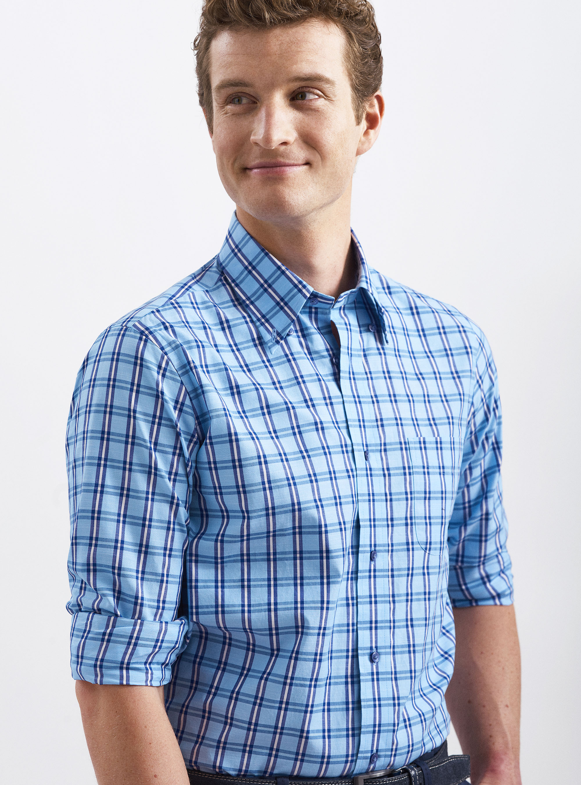 Kariertes Baumwollhemd mit Button-Down-Kragen und Tasche, AZZURRO 0282C