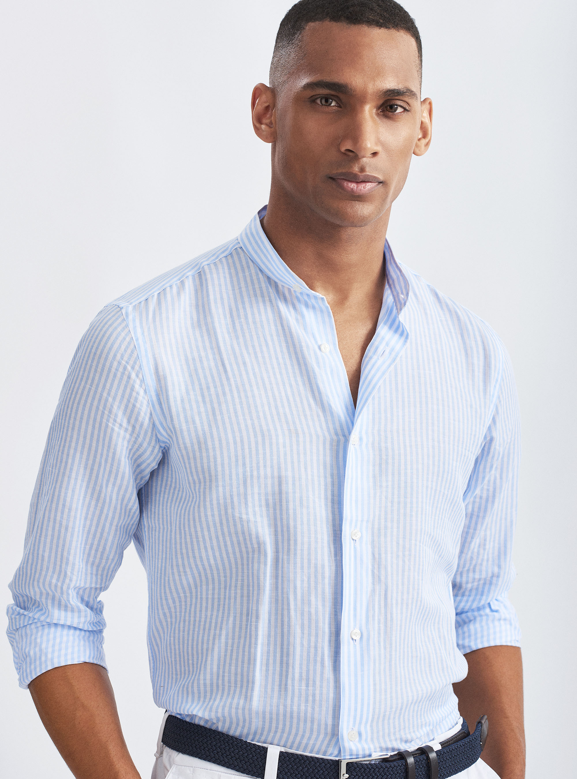 Camicia coreana in misto lino rigato, AZZURRO