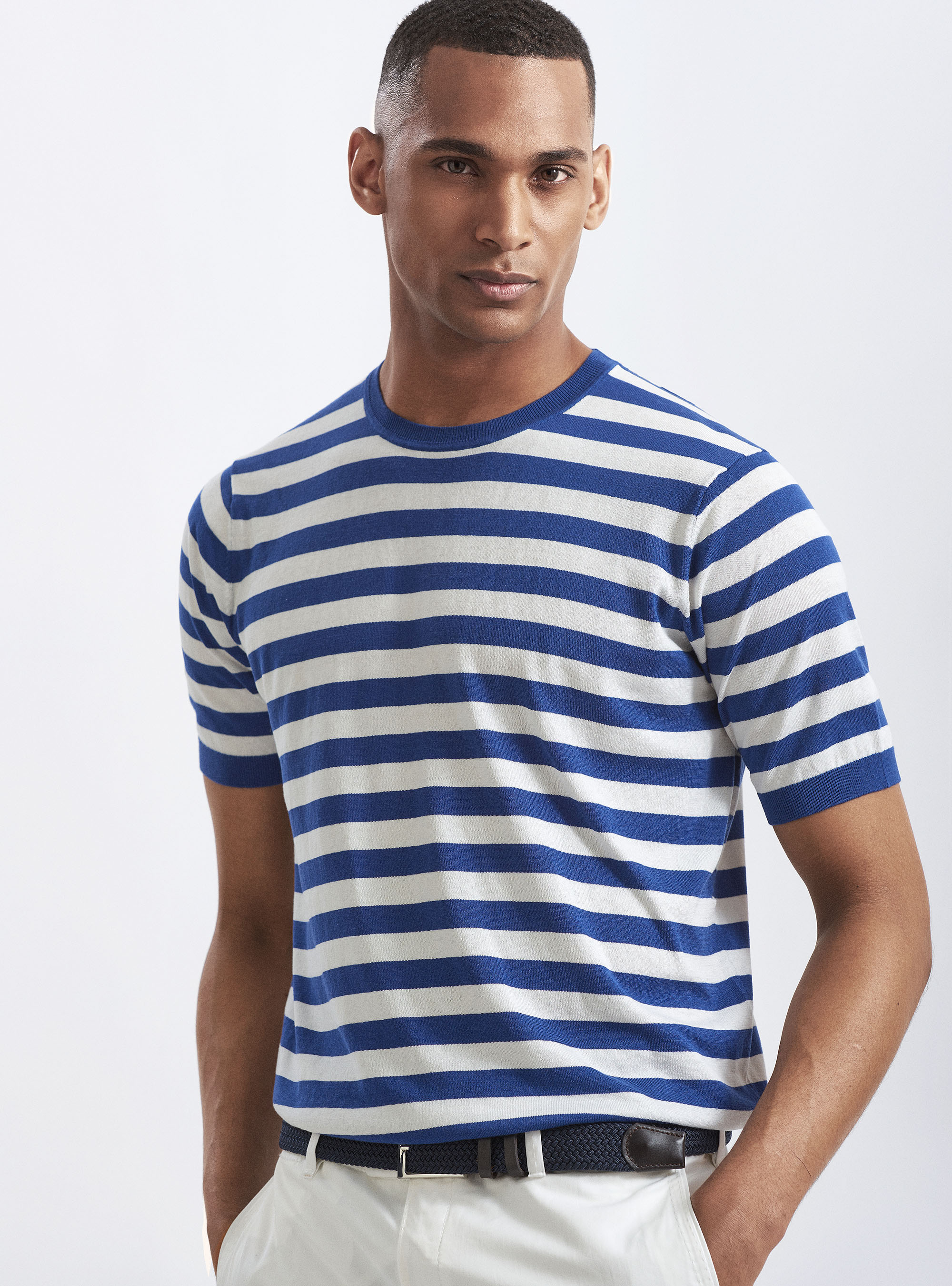 Jersey de seda y algod&oacute;n a rayas con cuello redondo, AZUL MEDIO