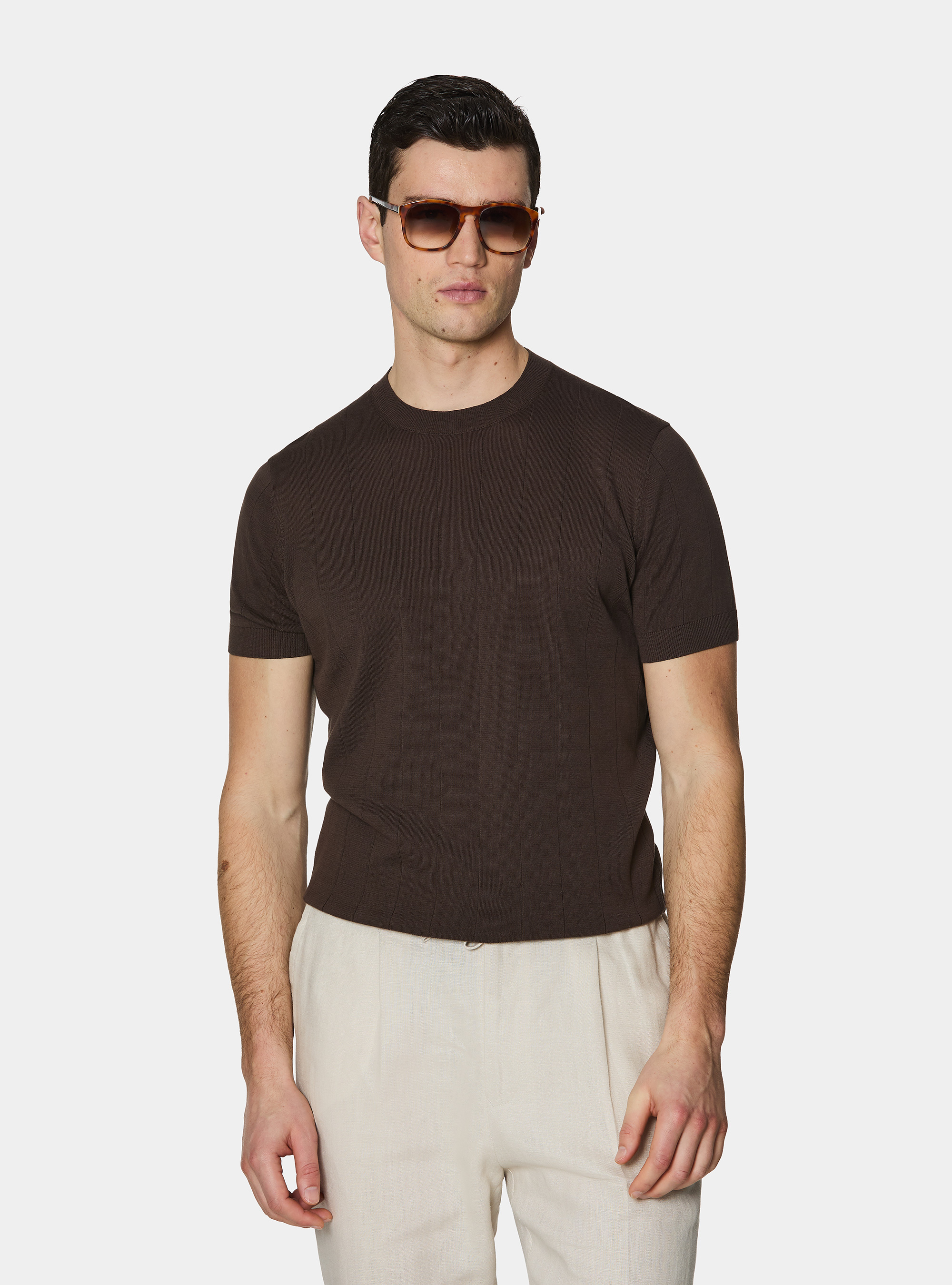 Maglia in puro cotone costa piatta, MARRONE