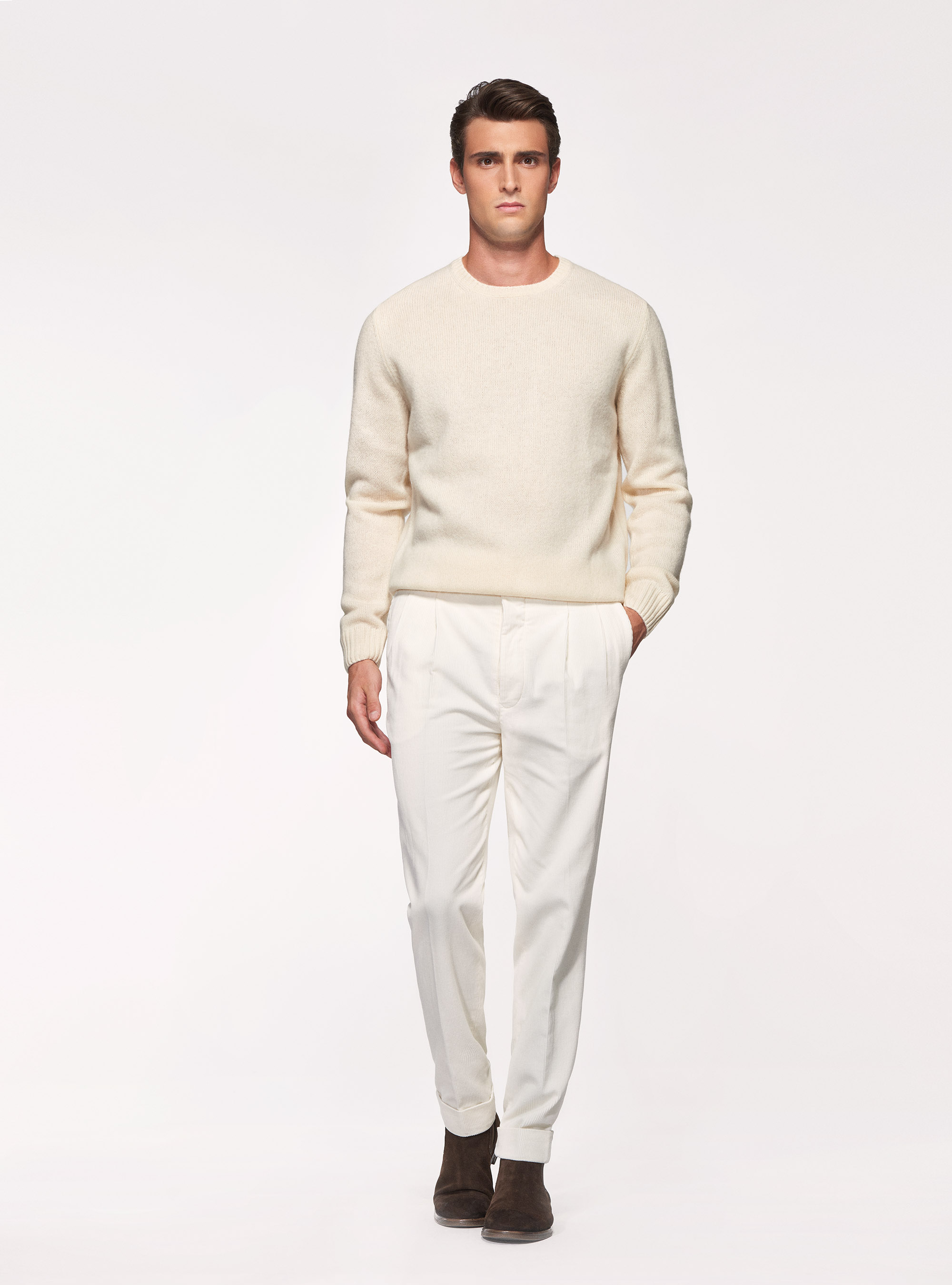 Pantaloni in velluto di cotone con cinturino laterale, PANNA