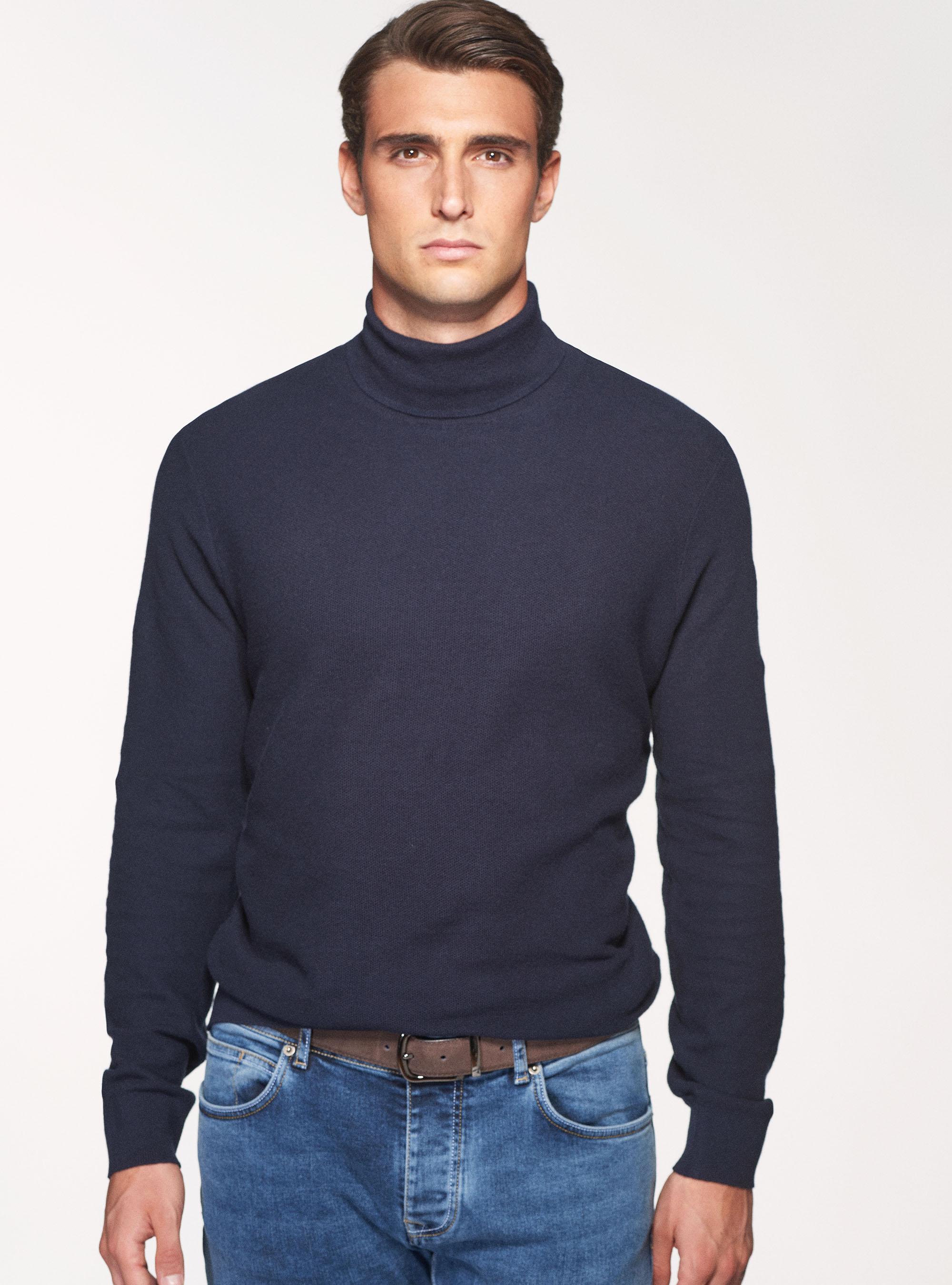 Dolcevita in cotone cashmere punto riso, BLU NAVY