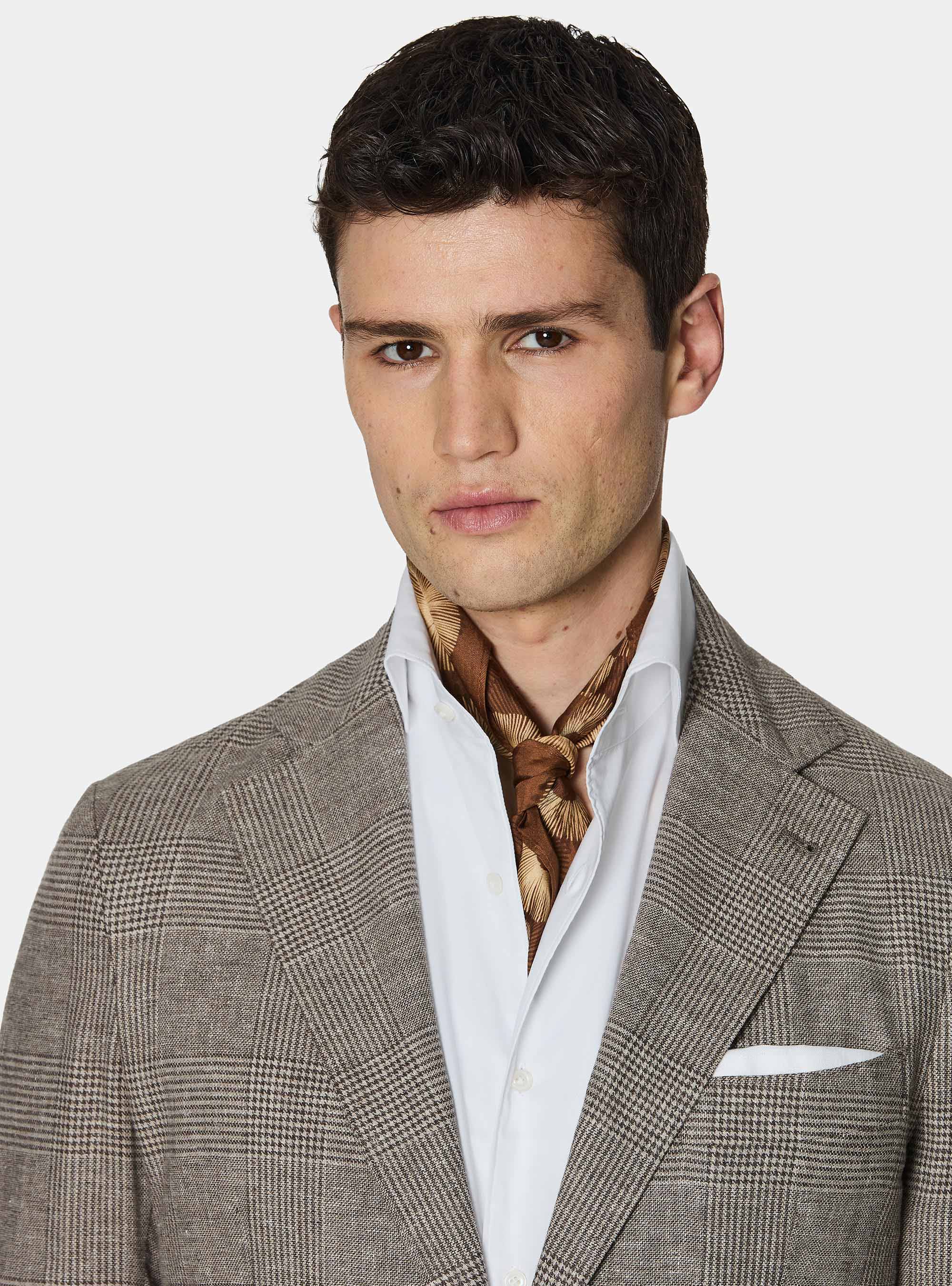 Giacca Principe di Galles in lino e cotone, MARRONE