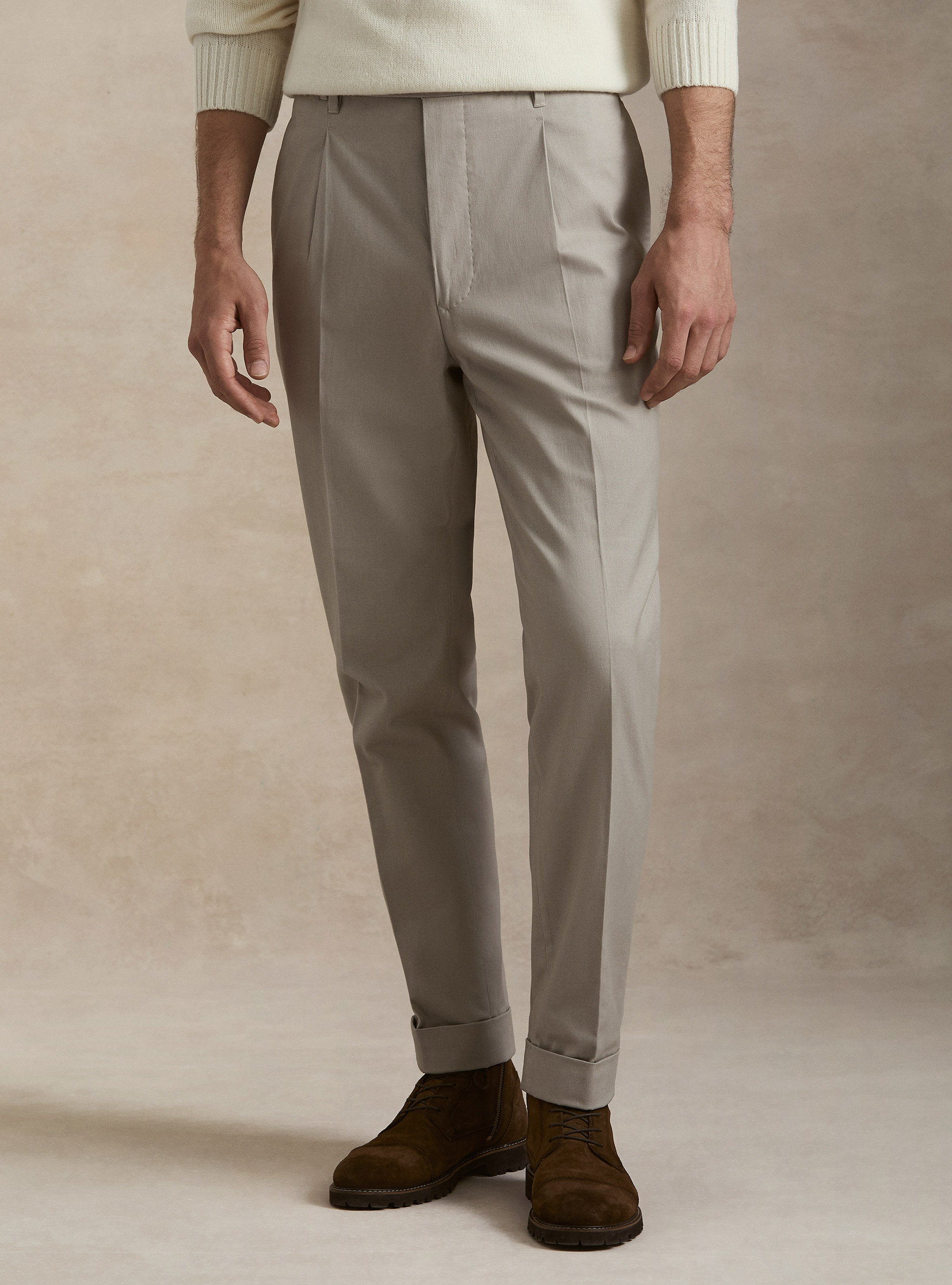Cotton and cashmere twill pleated trousers, ECRU