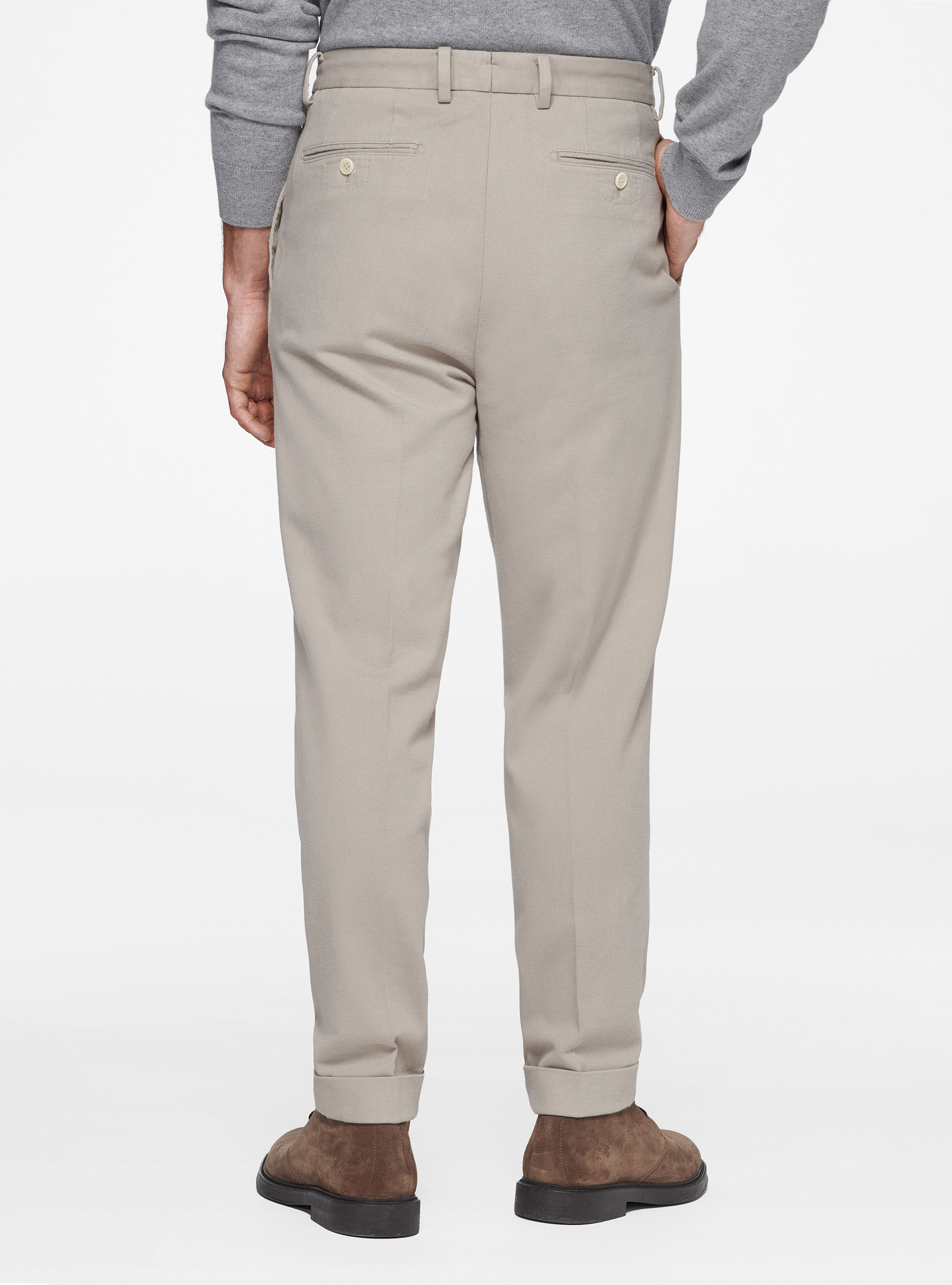 Pantaloni con pince in twill di cotone e cashmere, ECRU