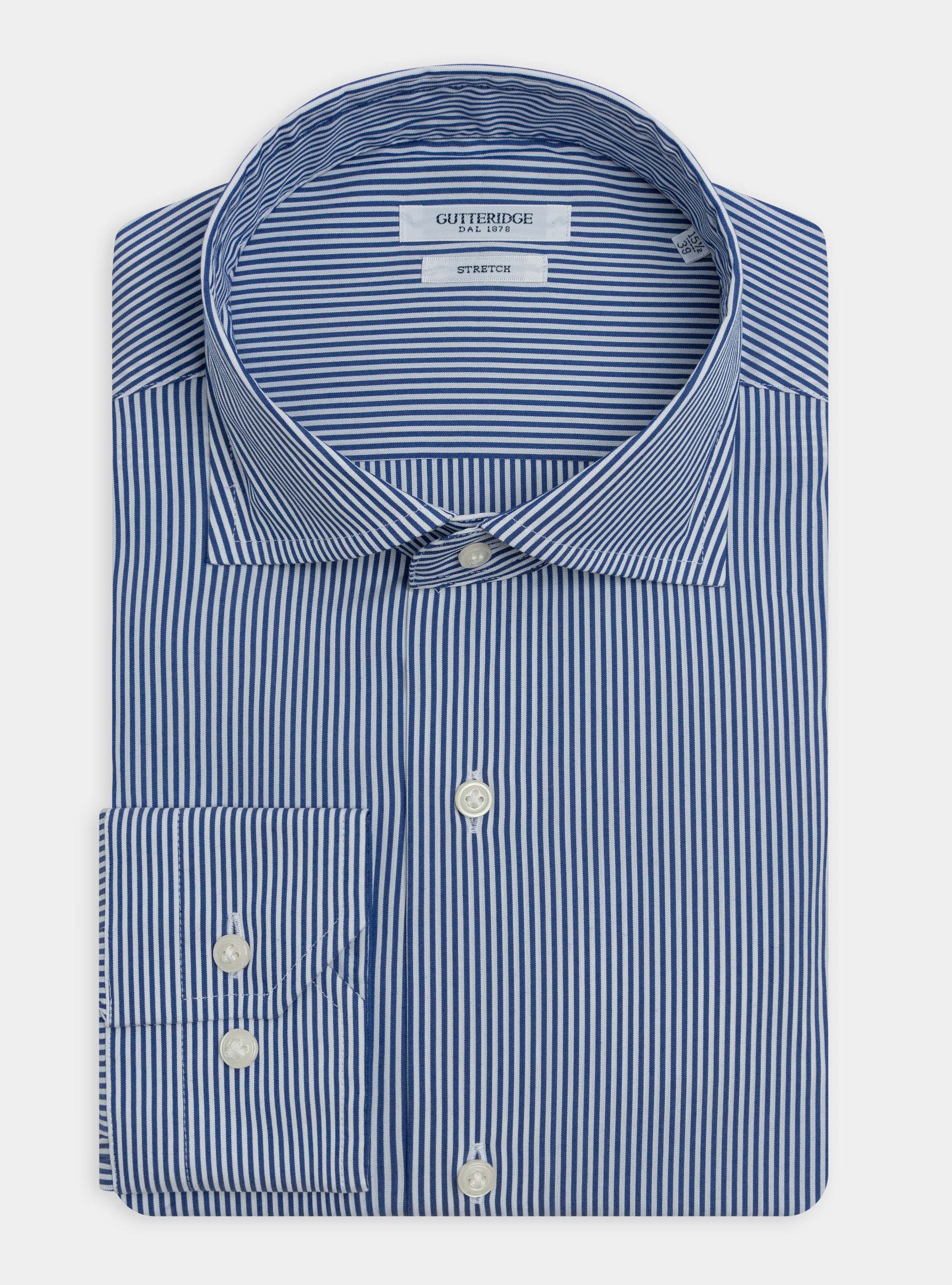 Camicia slim fit in popeline stretch rigato con collo semi francese, BLU