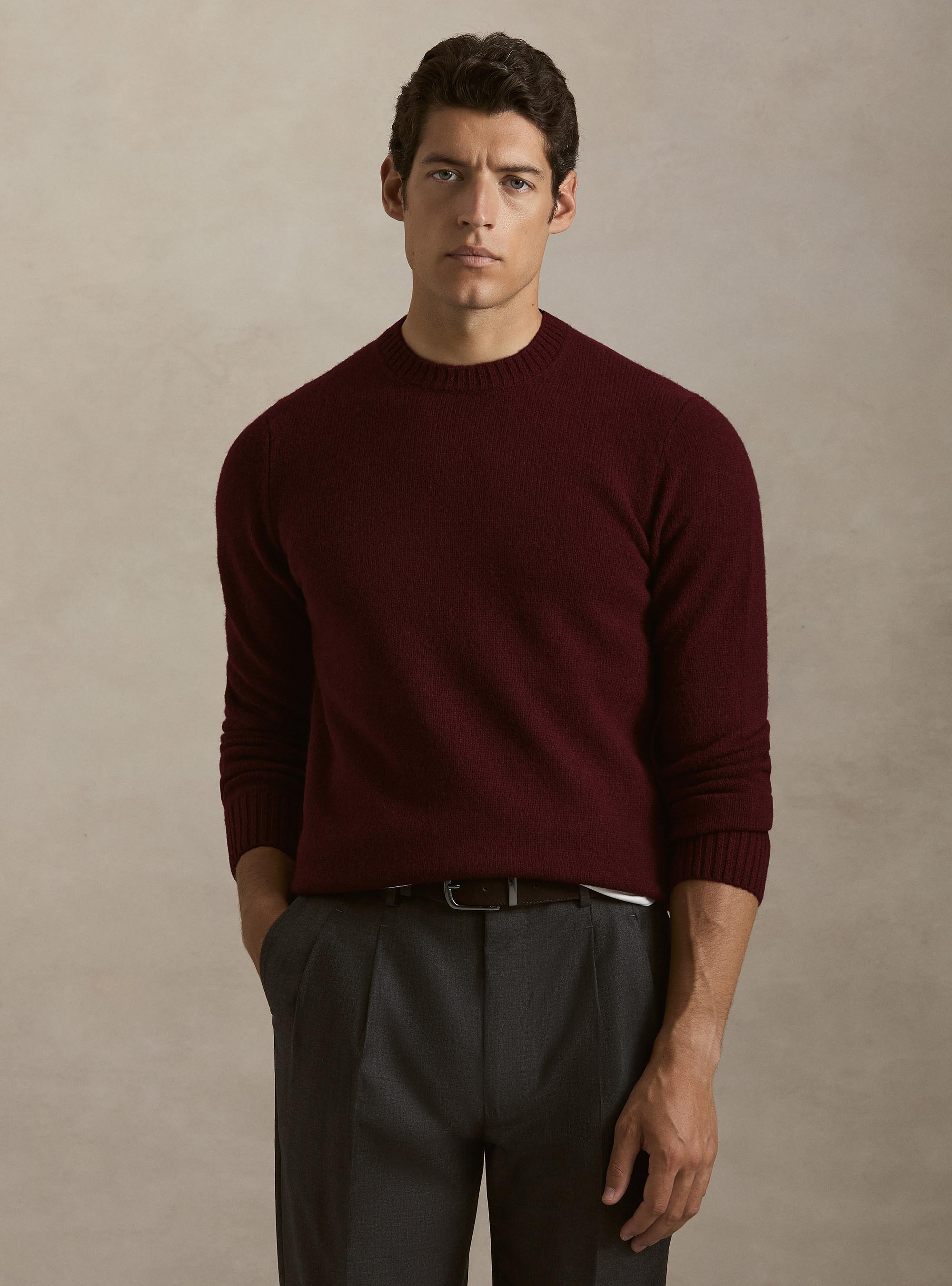Pure Shetland wool crewneck sweater, BORDEAUX