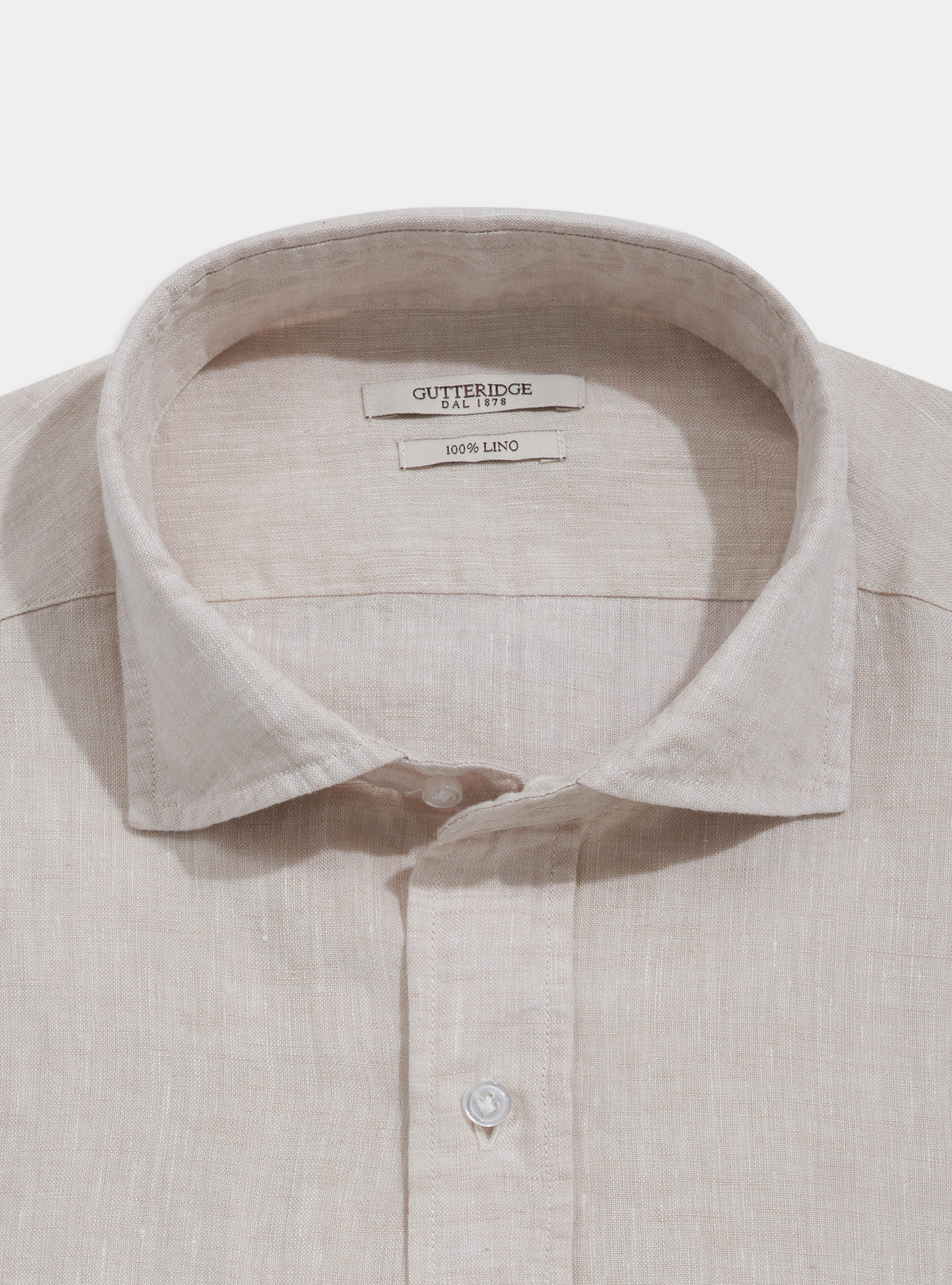 Semi-open French collar shirt in delav&eacute; linen, ECRU