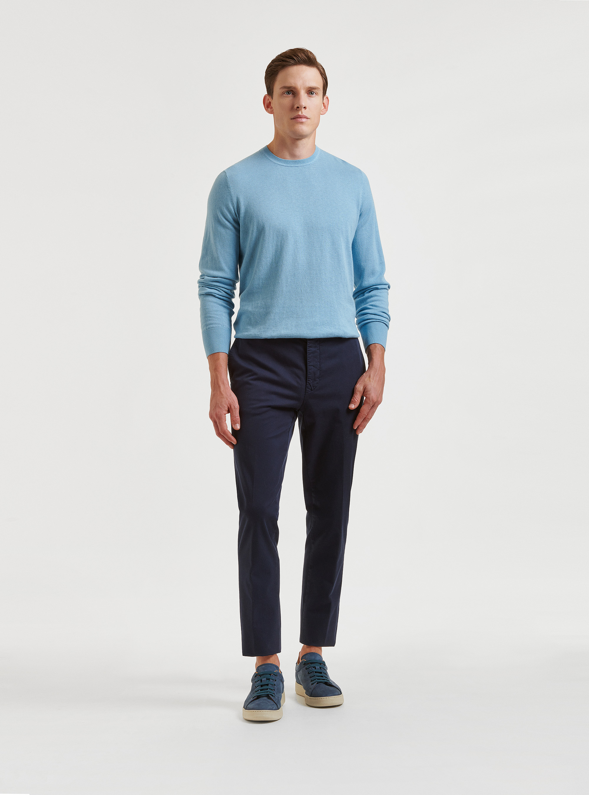 Jersey de cuello redondo de algod&oacute;n, seda y cachemira, CELESTE