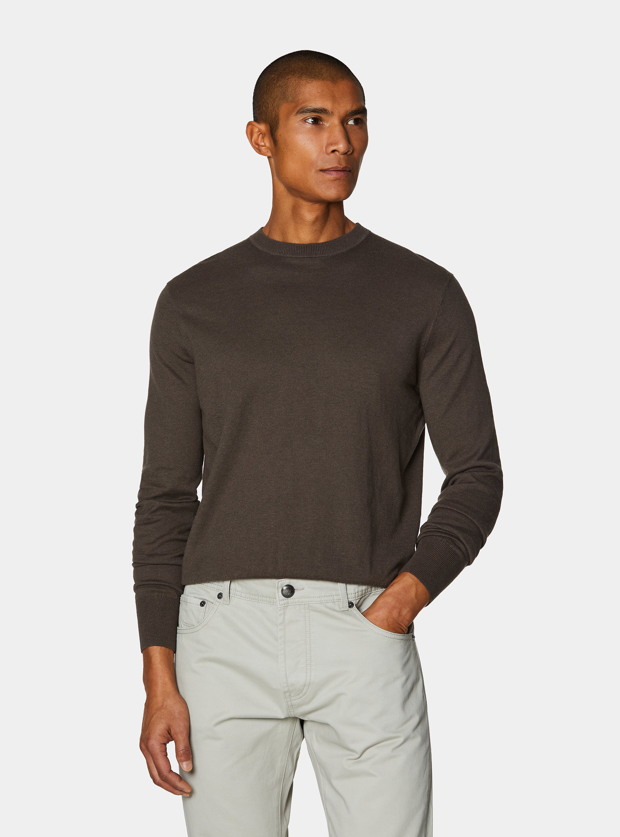 Maglia girocollo in cotone seta e cashmere, BROWN