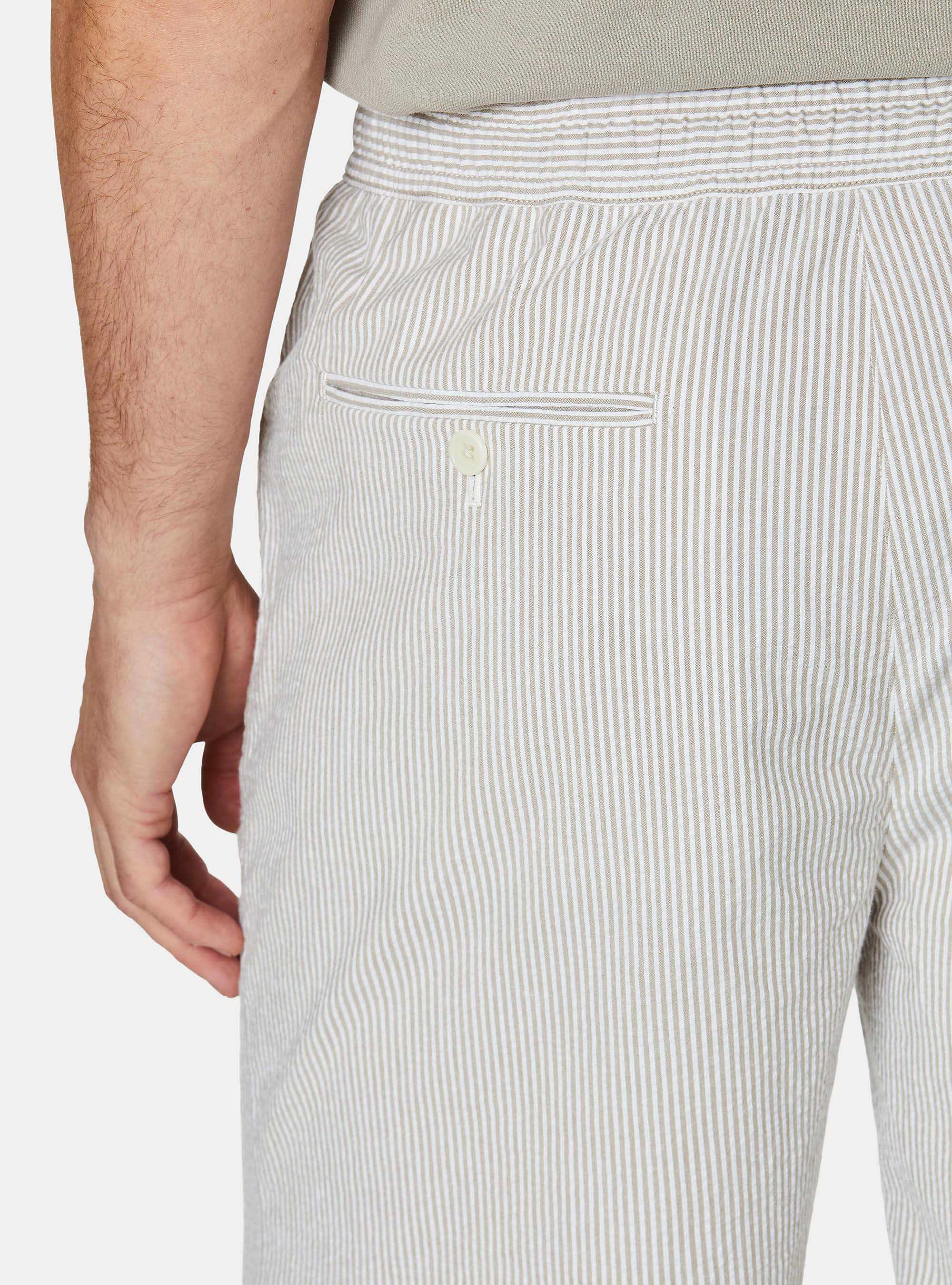 Stretch seersucker cotton Bermuda shorts with drawstring, SAND