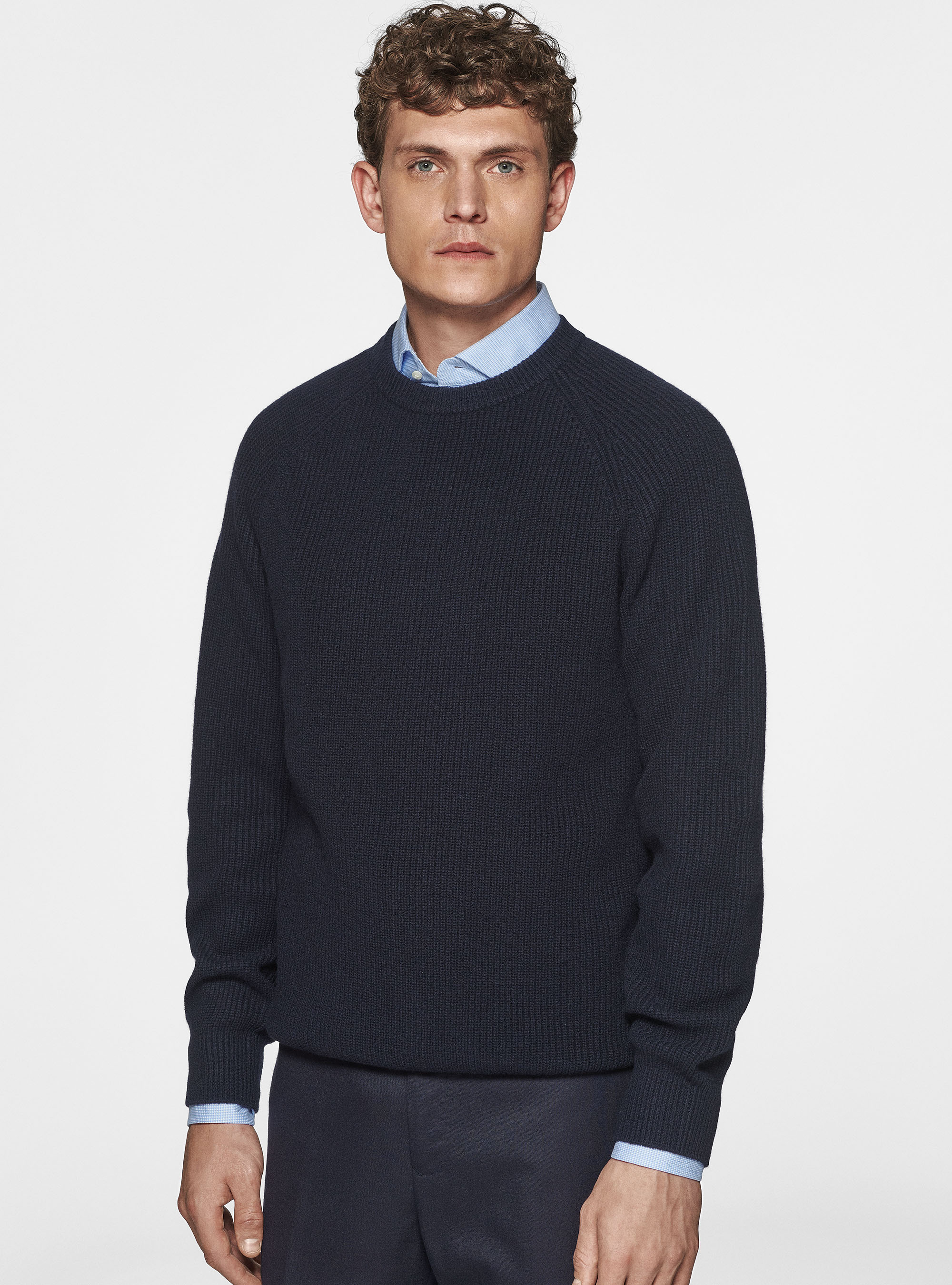 Maglia girocollo in lana merino costa perlata, BLU NAVY