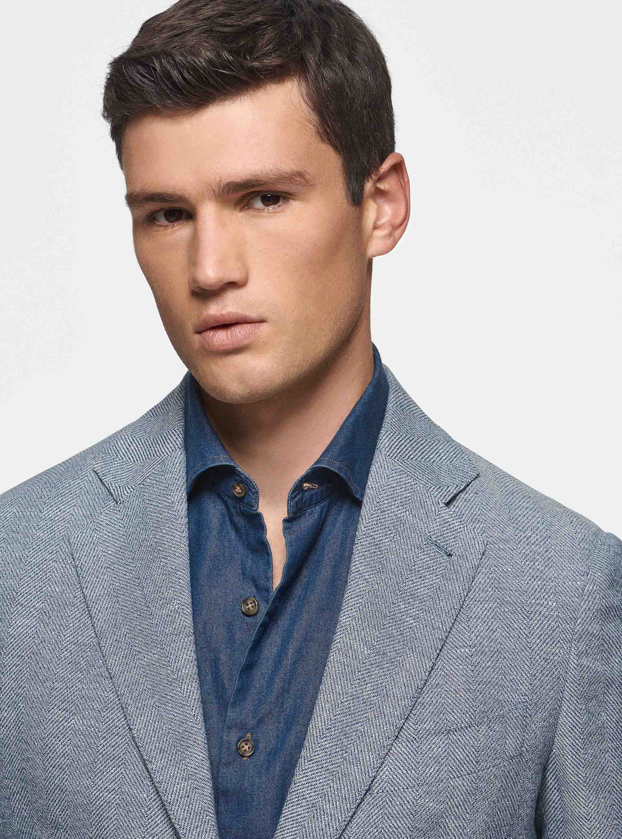 Giacca in cotone e lino spigato, BLU NAVY