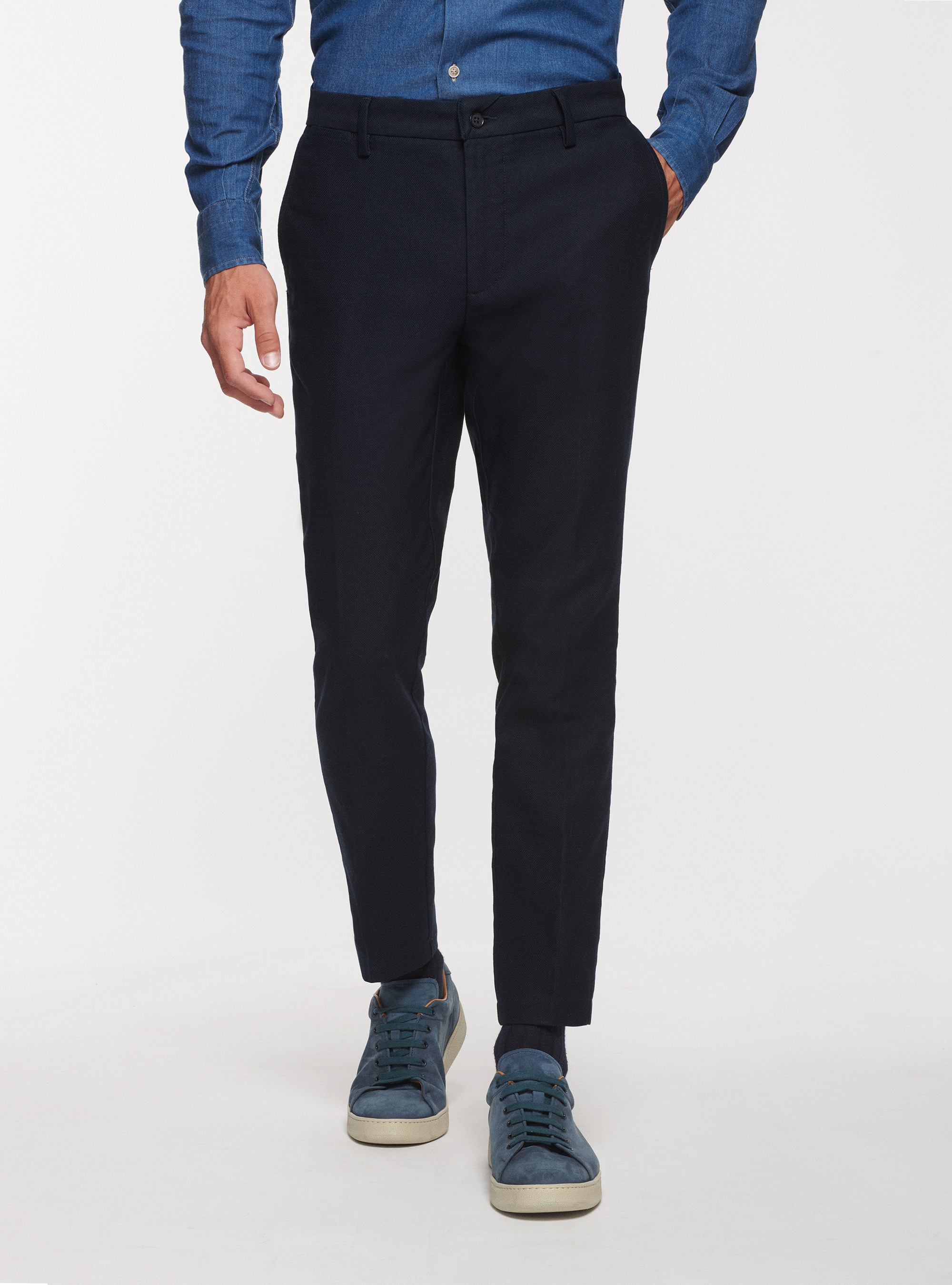 Pantaloni chino slim fit in cotone armaturato, BLU NAVY
