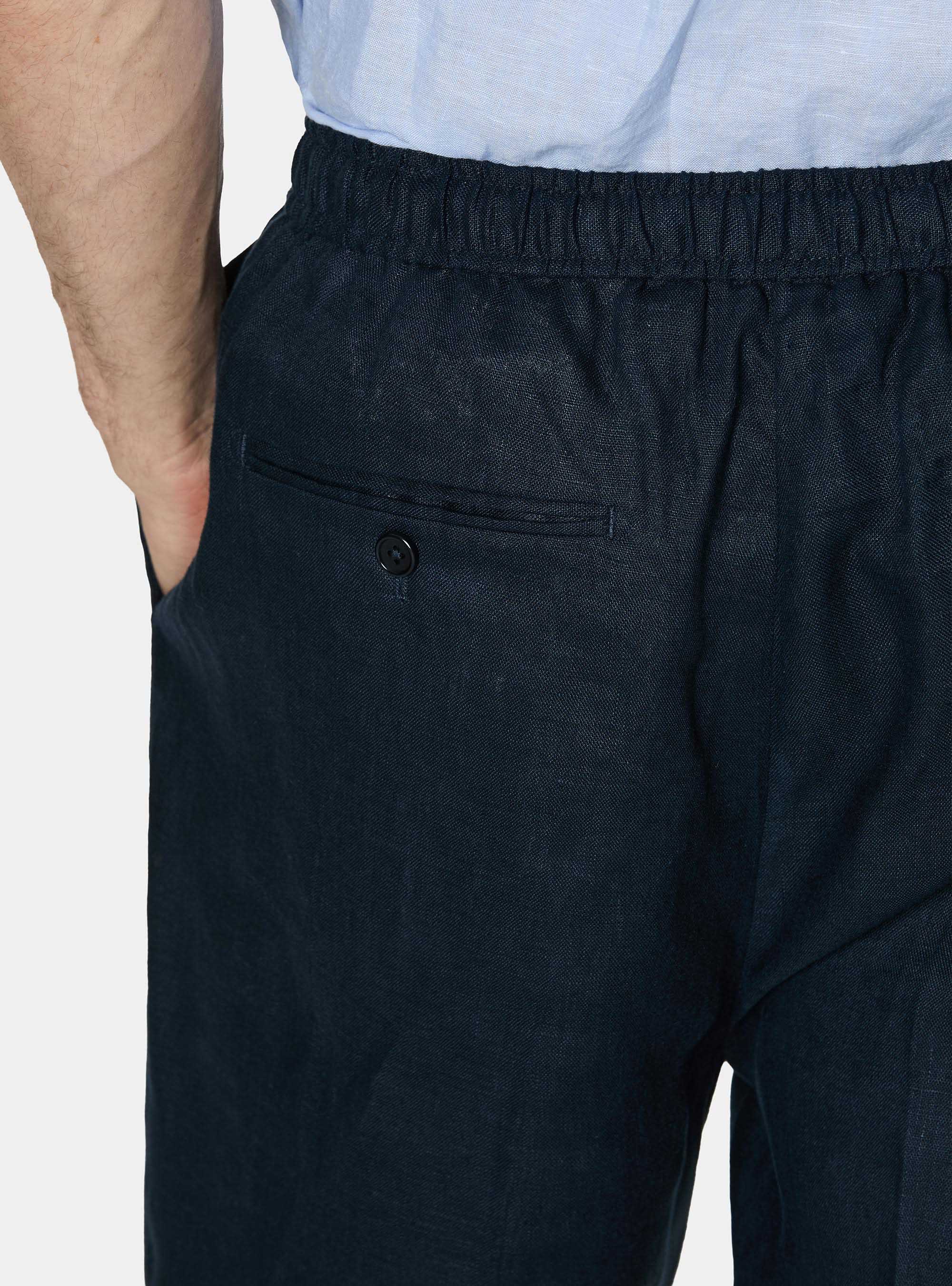 Pantaloni in puro lino con pince e coulisse, BLU NAVY