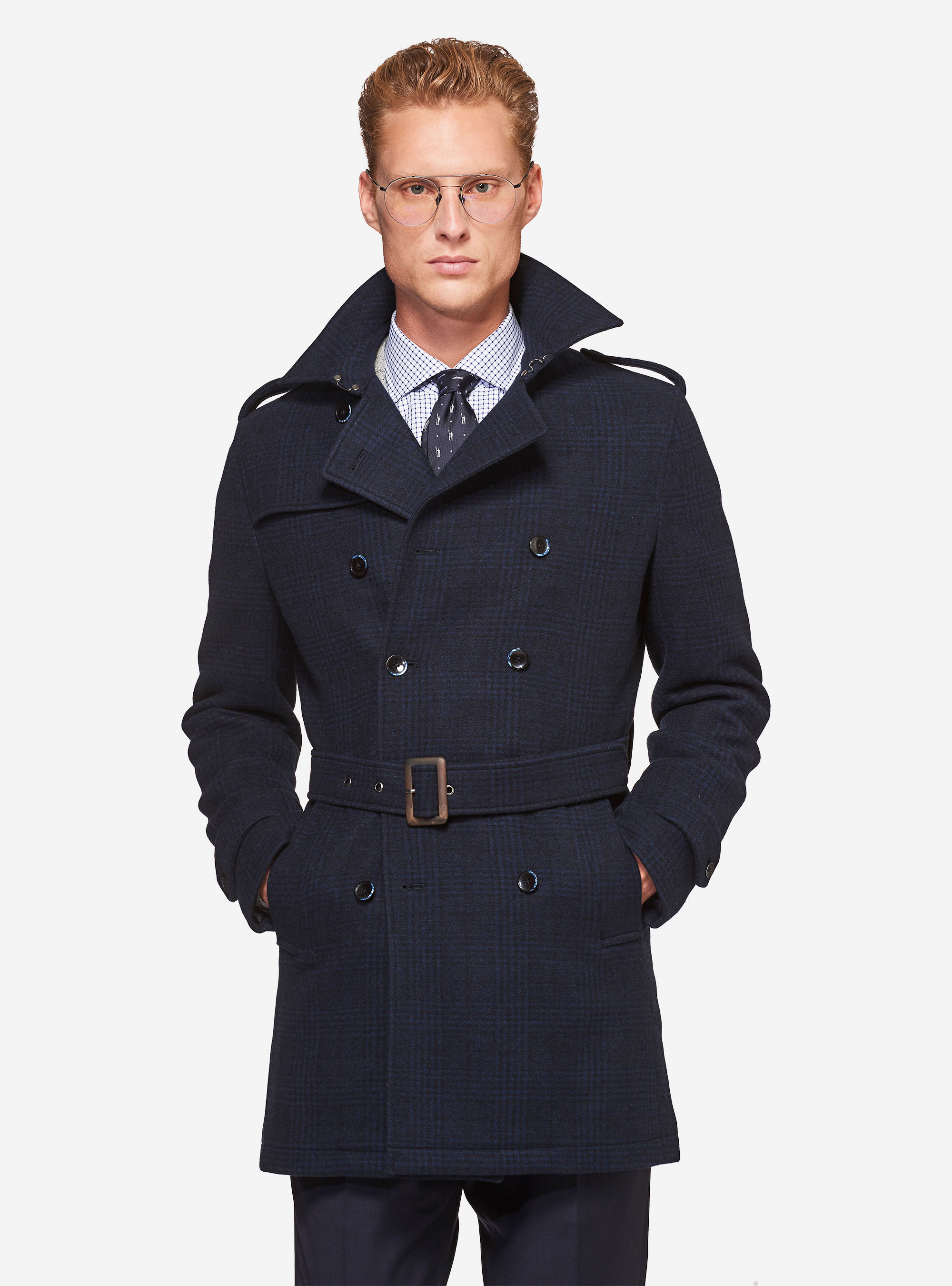 Trench doppiopetto in lana cashmere, BLU NAVY