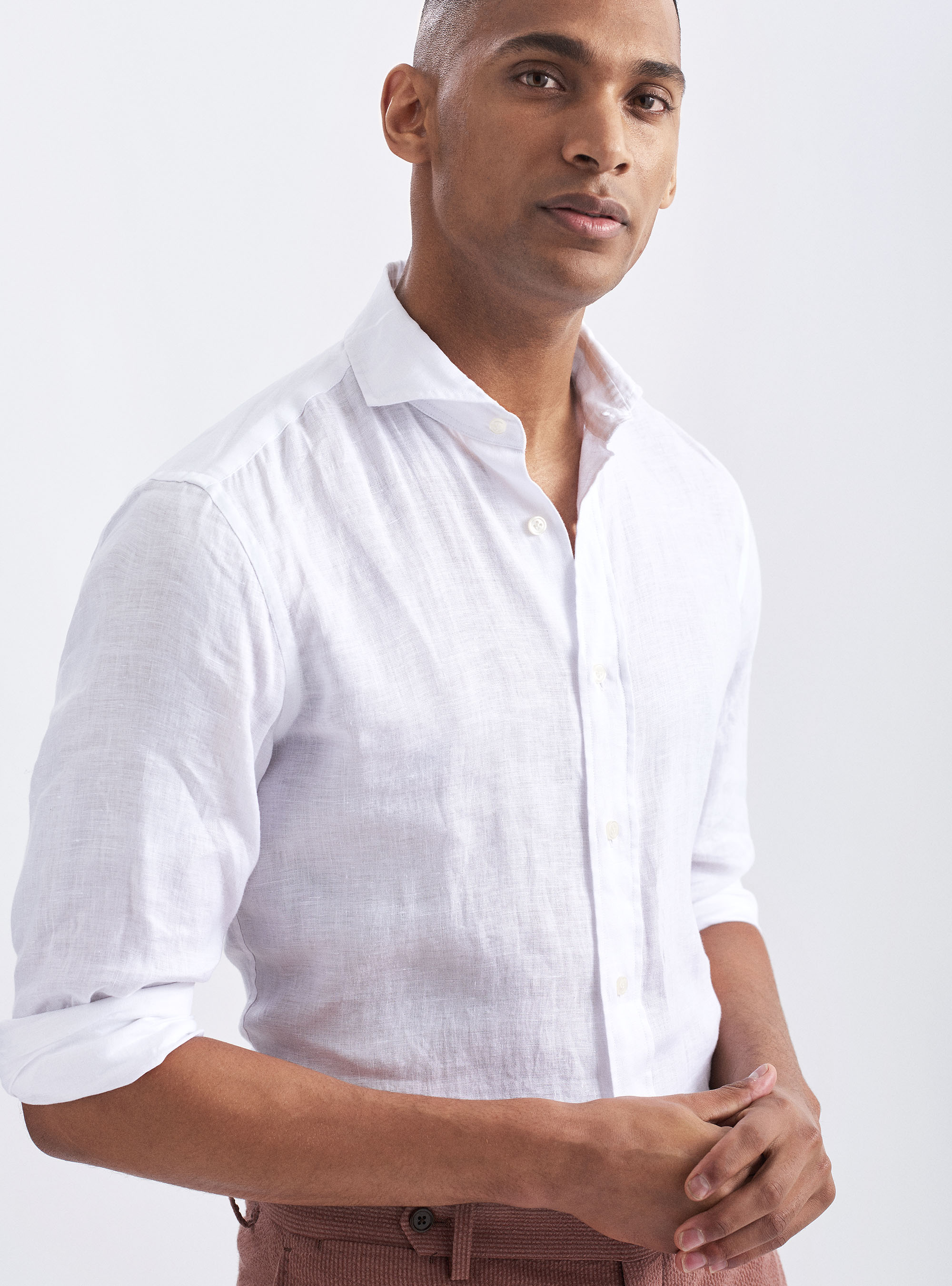 Camicia collo francese in lino, BIANCO