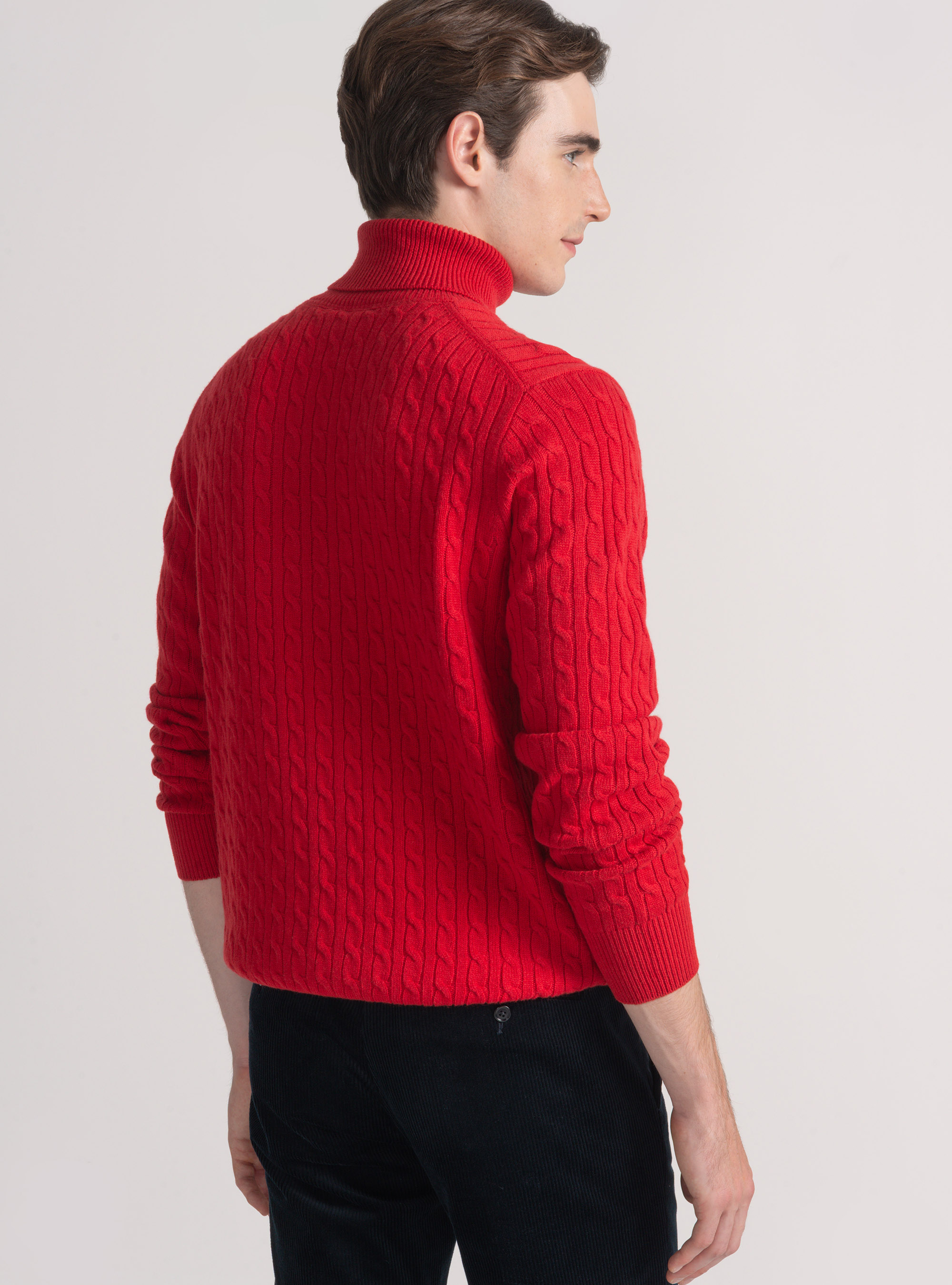 Maglia collo alto con treccia in lana cashmere, ROSSO