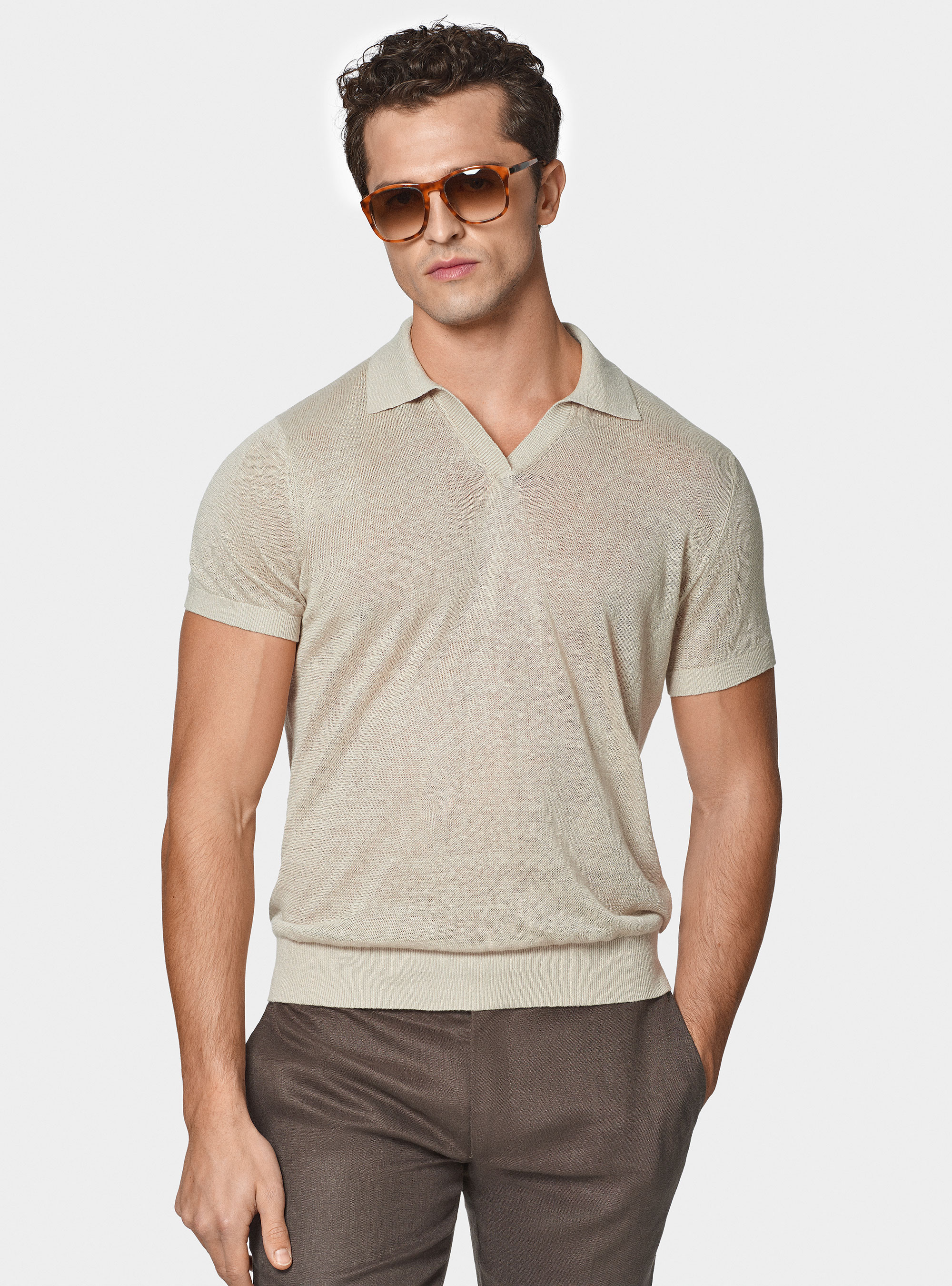 Polo in maglia senza bottoni in puro lino, ECRU