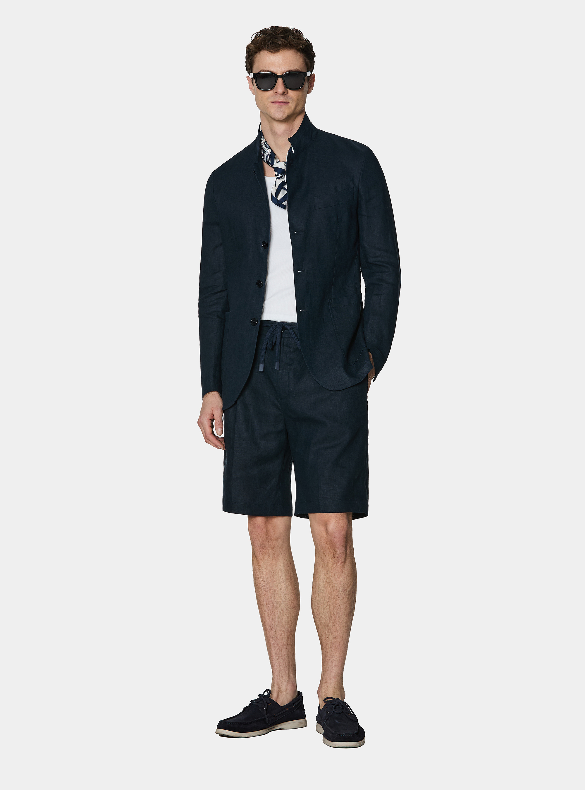 Korean blazer in pure linen, NAVY BLUE