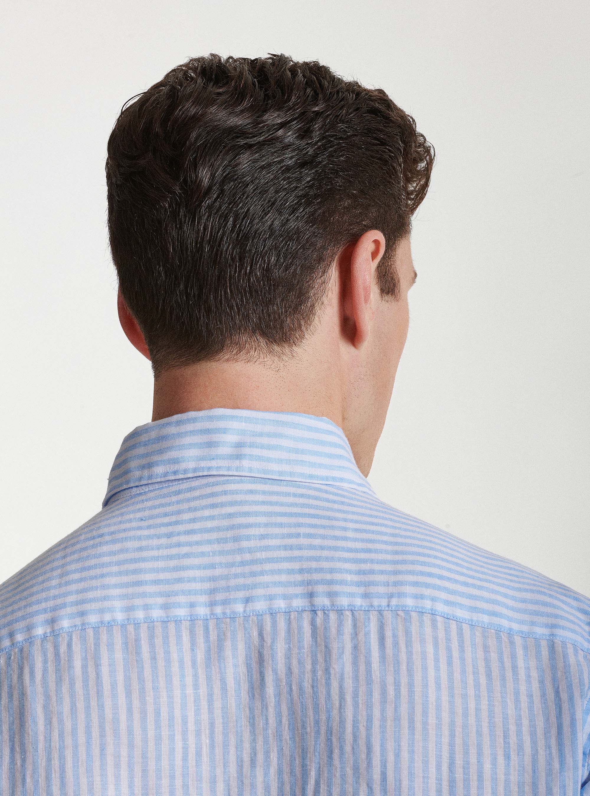 Semi-French collar shirt in pure linen striped, LIGHT BLUE