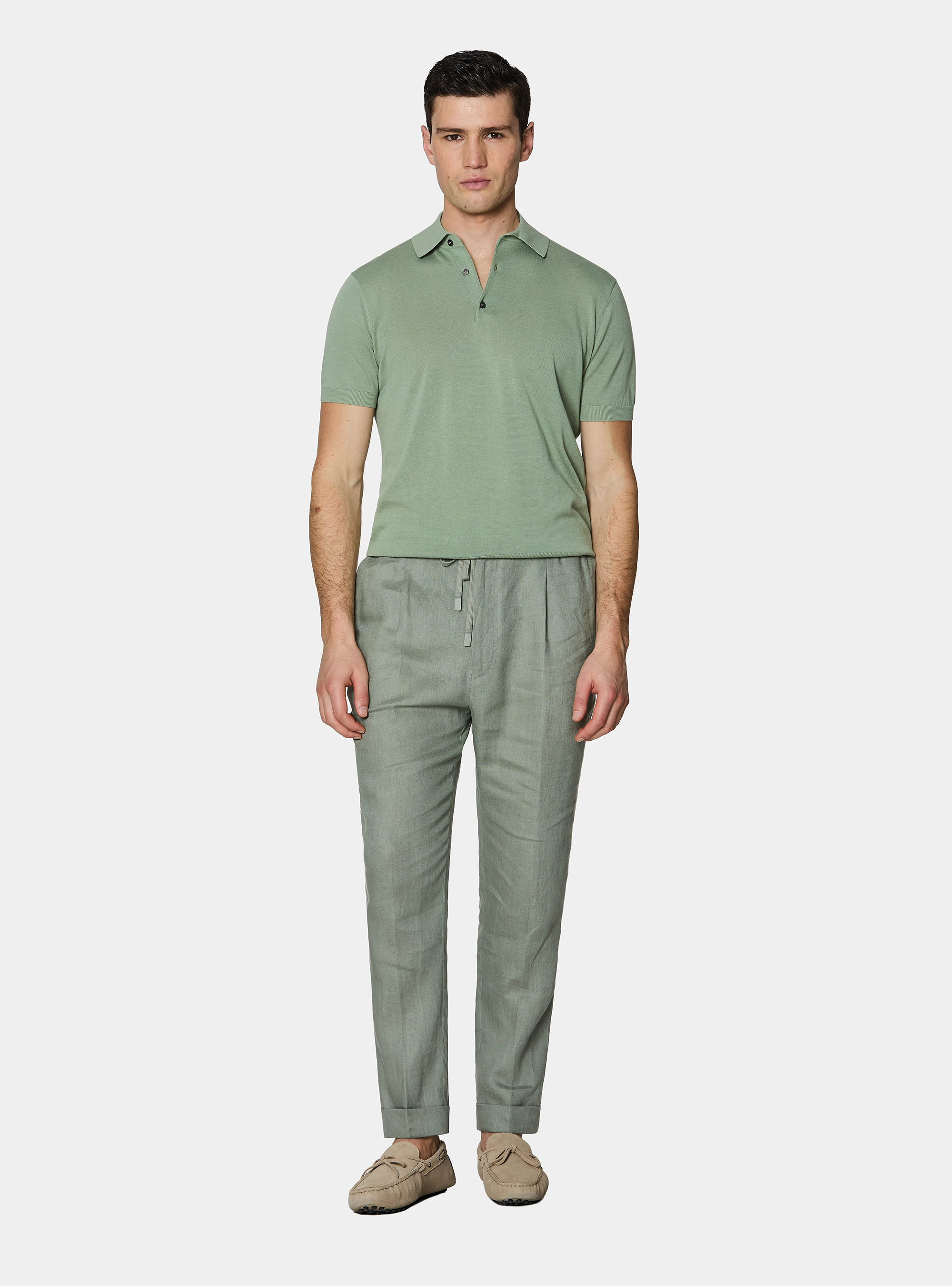 Pure linen trousers with pleat and drawstring, SALVIA 0602C