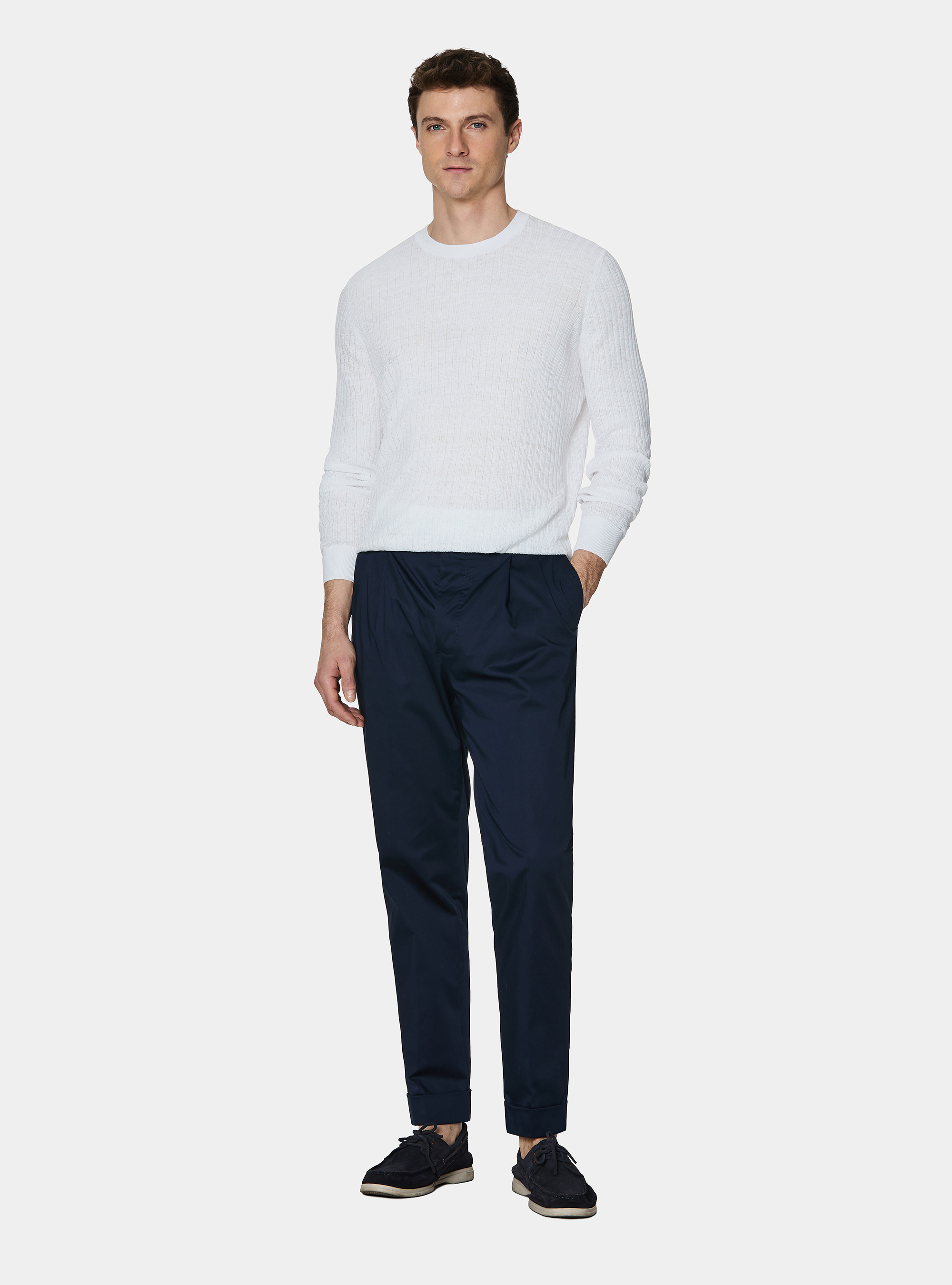 Pantalon &agrave; pinces en popeline de coton stretch, BLEU MARINE