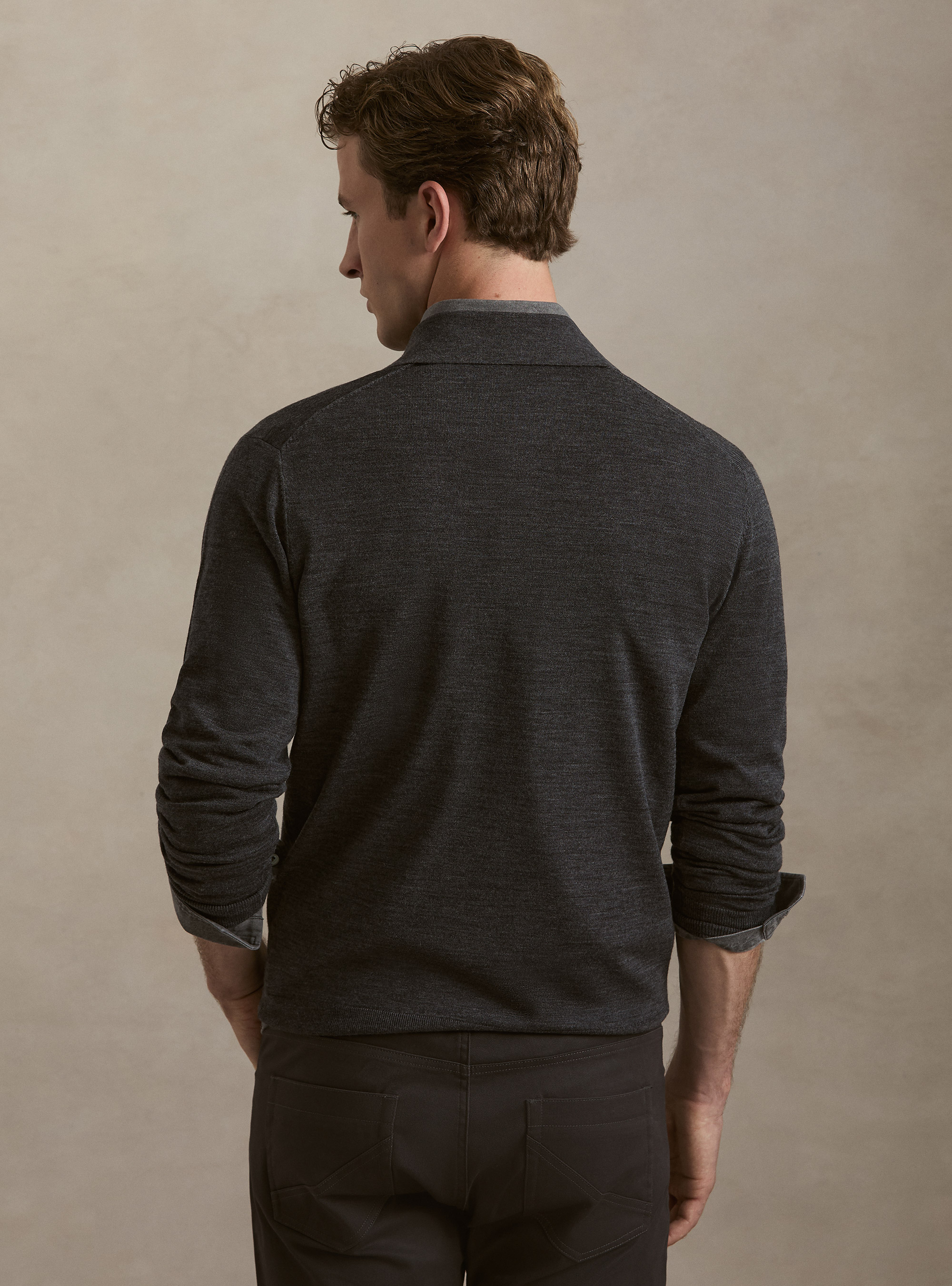 Extrafine merino wool knit polo shirt, ASPHALT GREY