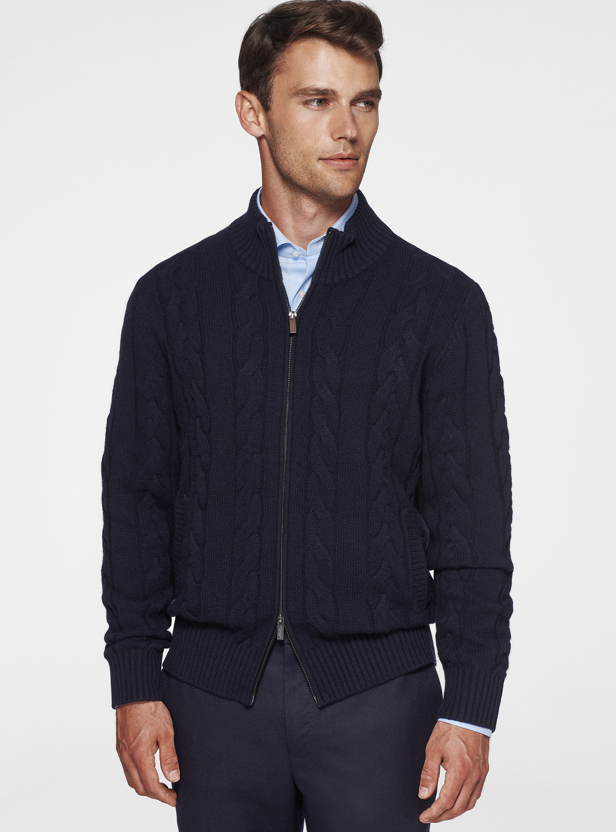 Cardigan in maglia a treccia in lana e cashmere, BLU NAVY