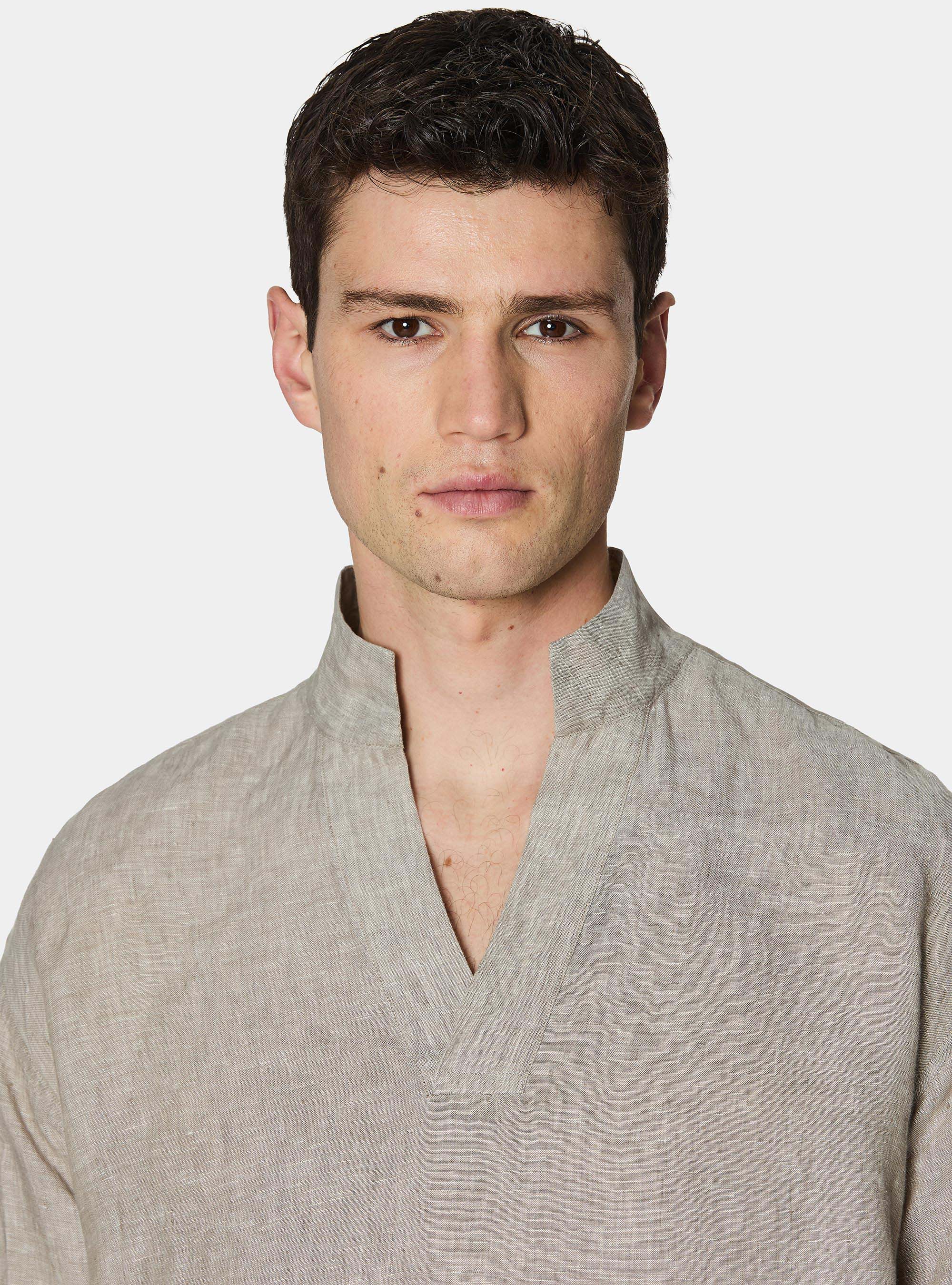 Pure linen shirt with wing collar, SABBIA MELANGE 0564C